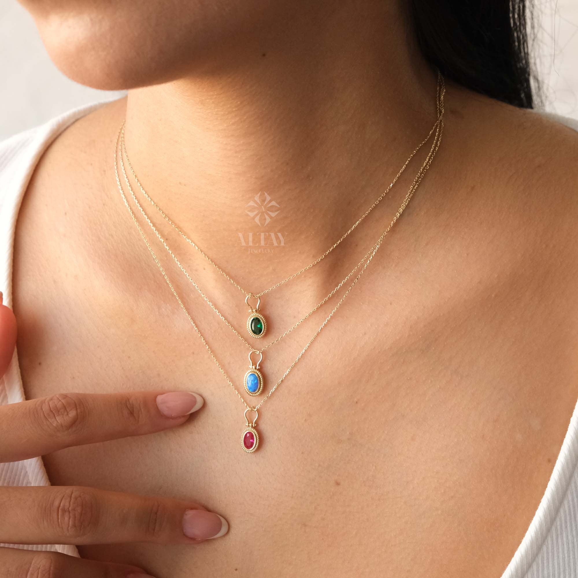 14K Gold Birthstone Necklace, Oval Shape Opal Pendant, Dainty Custom Gold Necklace, Layering Gemstone Necklace, Emerald Stone Moms Gift