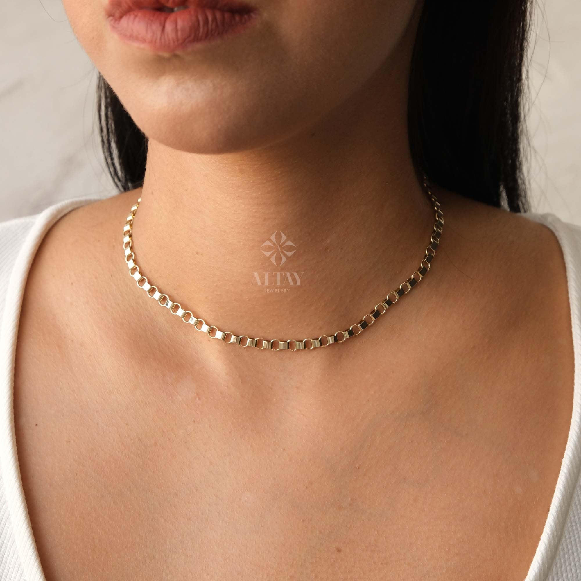14K Gold Rolo Chain Necklace, 5mm Gold Link Belcher Chain Choker, Belt Link Charm Necklace, Minimal Delicate Round Necklace, Woman, Man