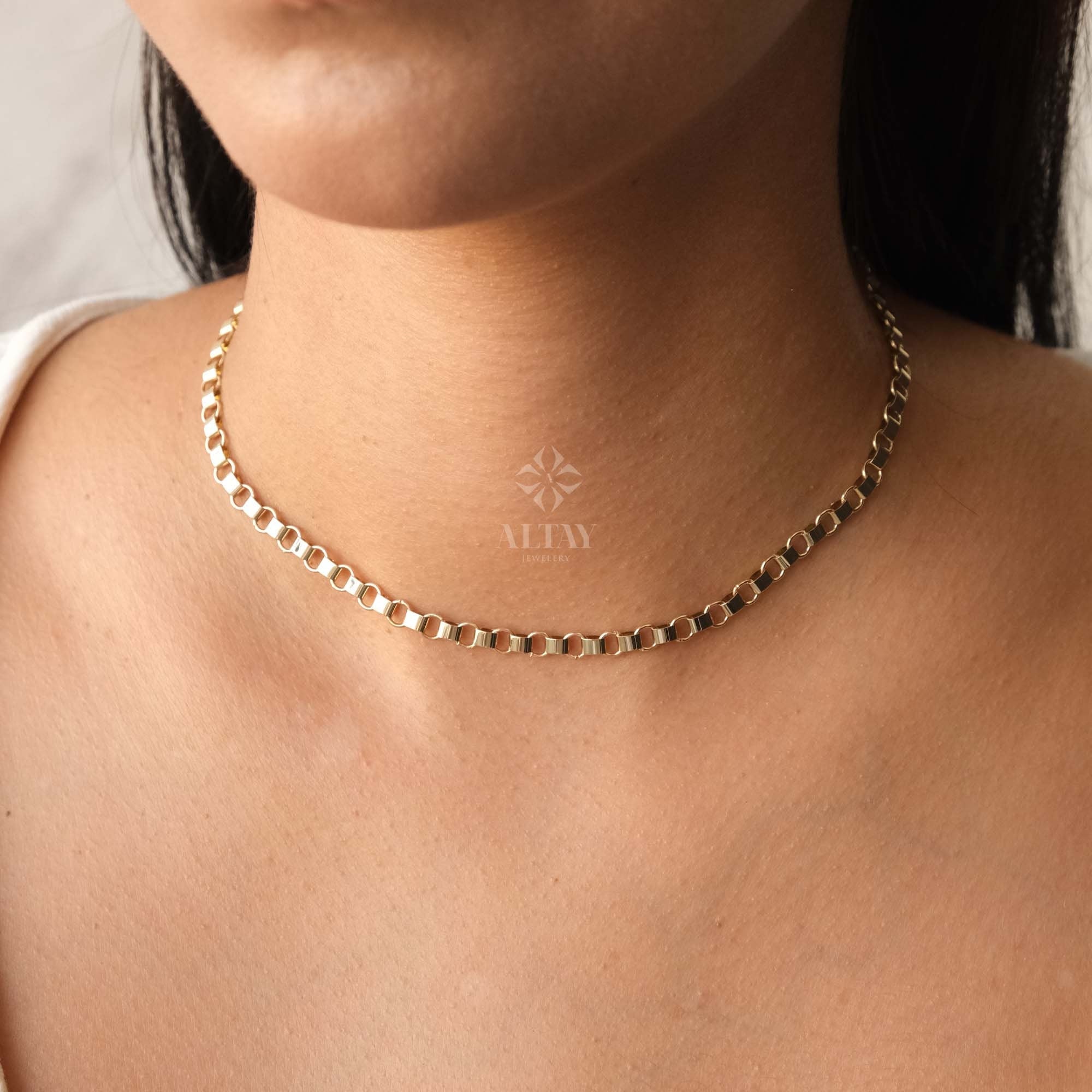 14K Gold Rolo Chain Necklace, 5mm Gold Link Belcher Chain Choker, Belt Link Charm Necklace, Minimal Delicate Round Necklace, Woman, Man