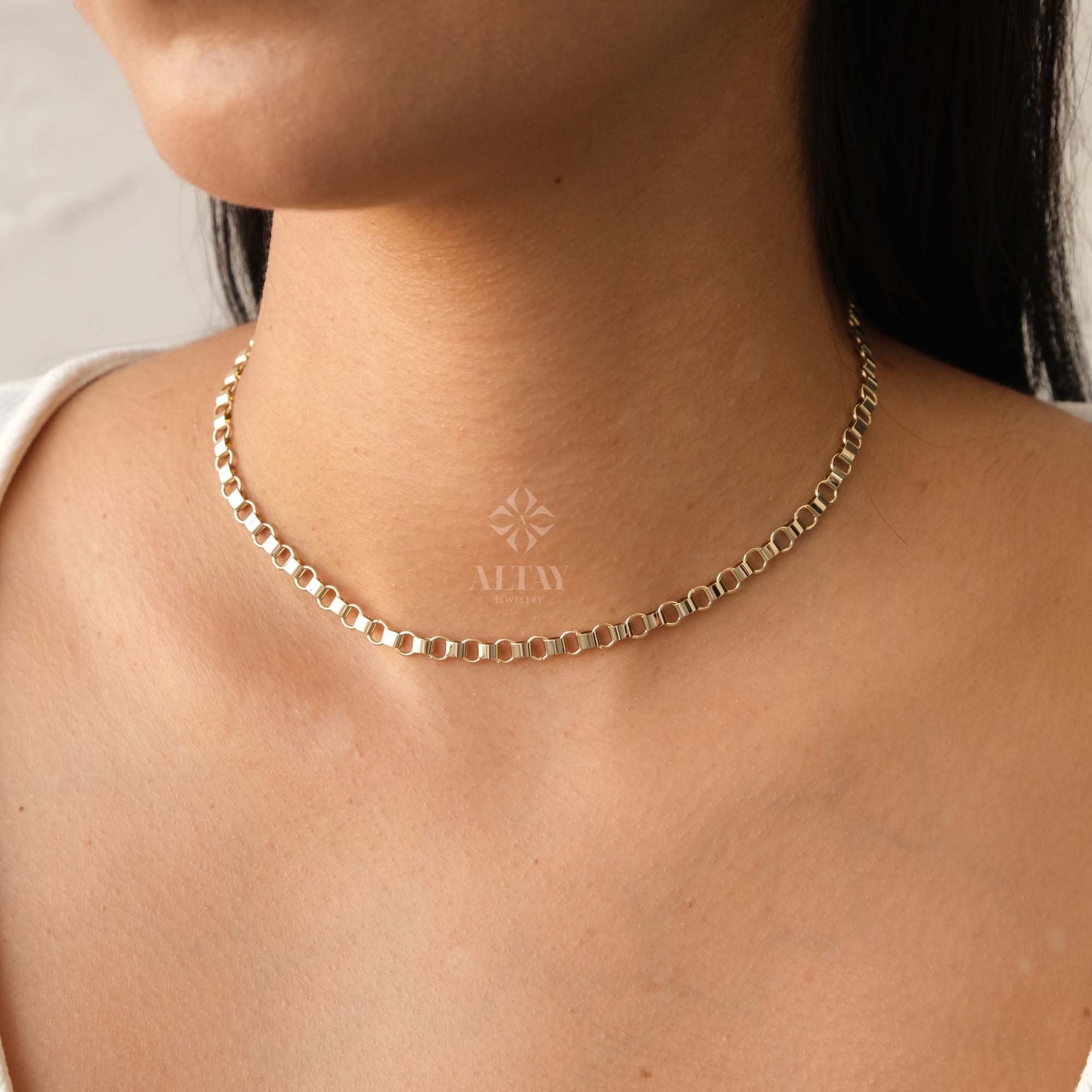 14K Gold Rolo Chain Necklace, 5mm Gold Link Belcher Chain Choker, Belt Link Charm Necklace, Minimal Delicate Round Necklace, Woman, Man