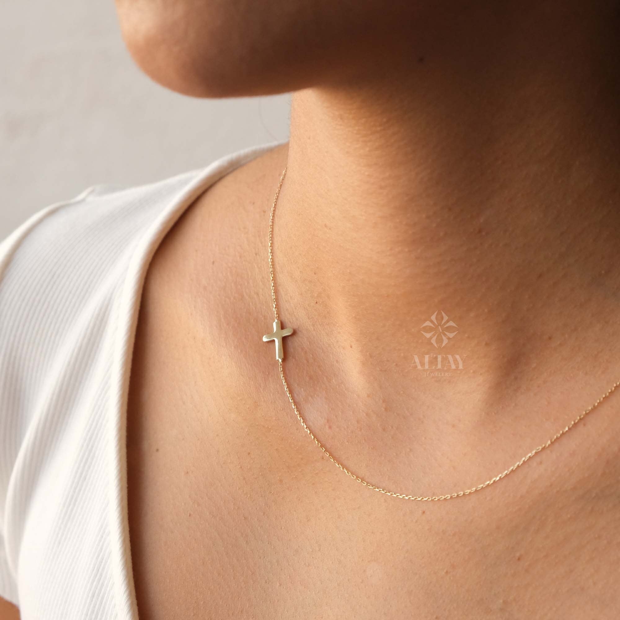14K Gold Sideways Cross Necklace, Dainty Gold Cross Charm, Jesus Christ Religious Jewelry, Christening Baptism Gift, Tiny Cross Pendant
