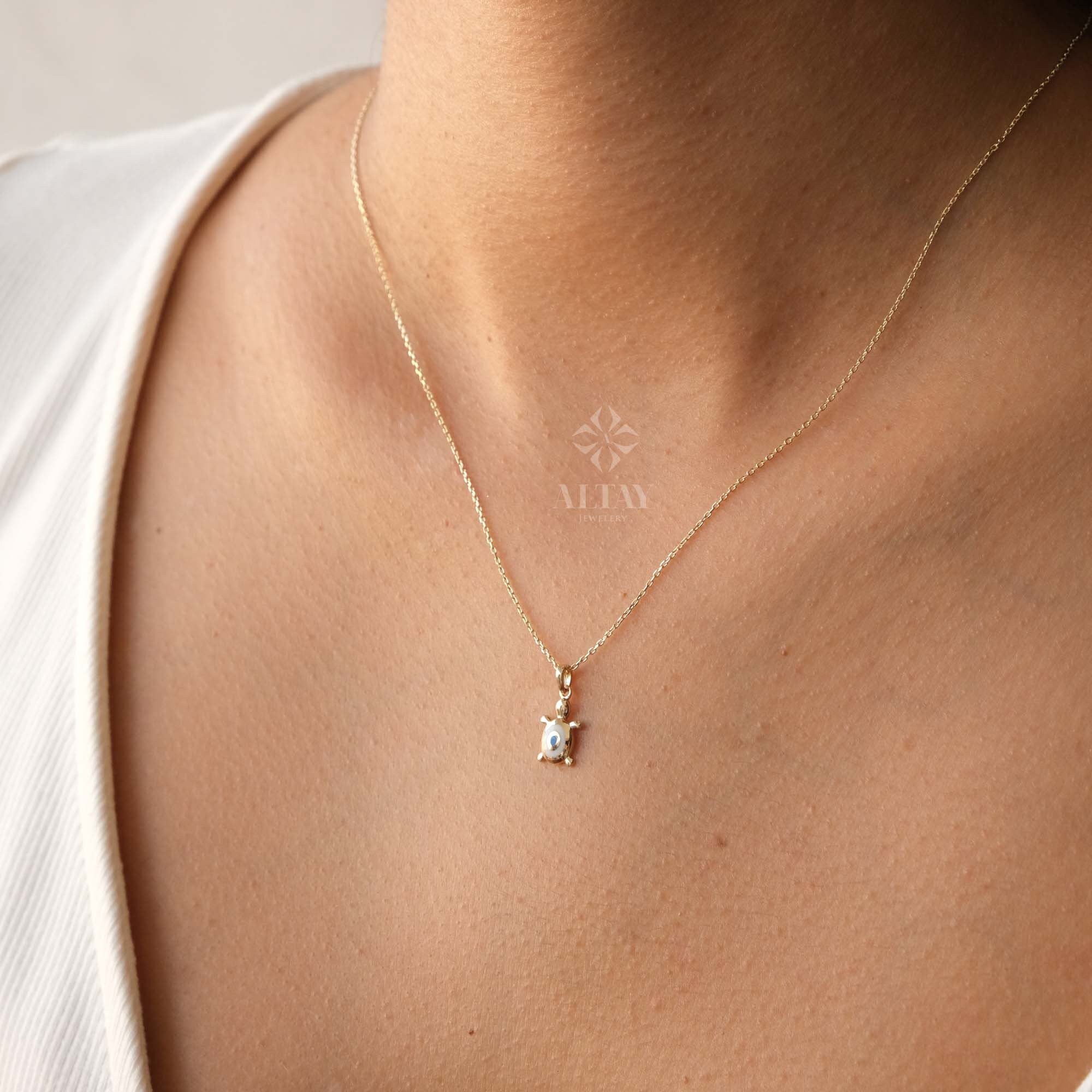 14K Gold Turtle Necklace, Tortoise Pendant, Turquoise Caretta Caretta Charm, Gold Cable Chain Chain Choker, Layering Sea Turtle Necklace