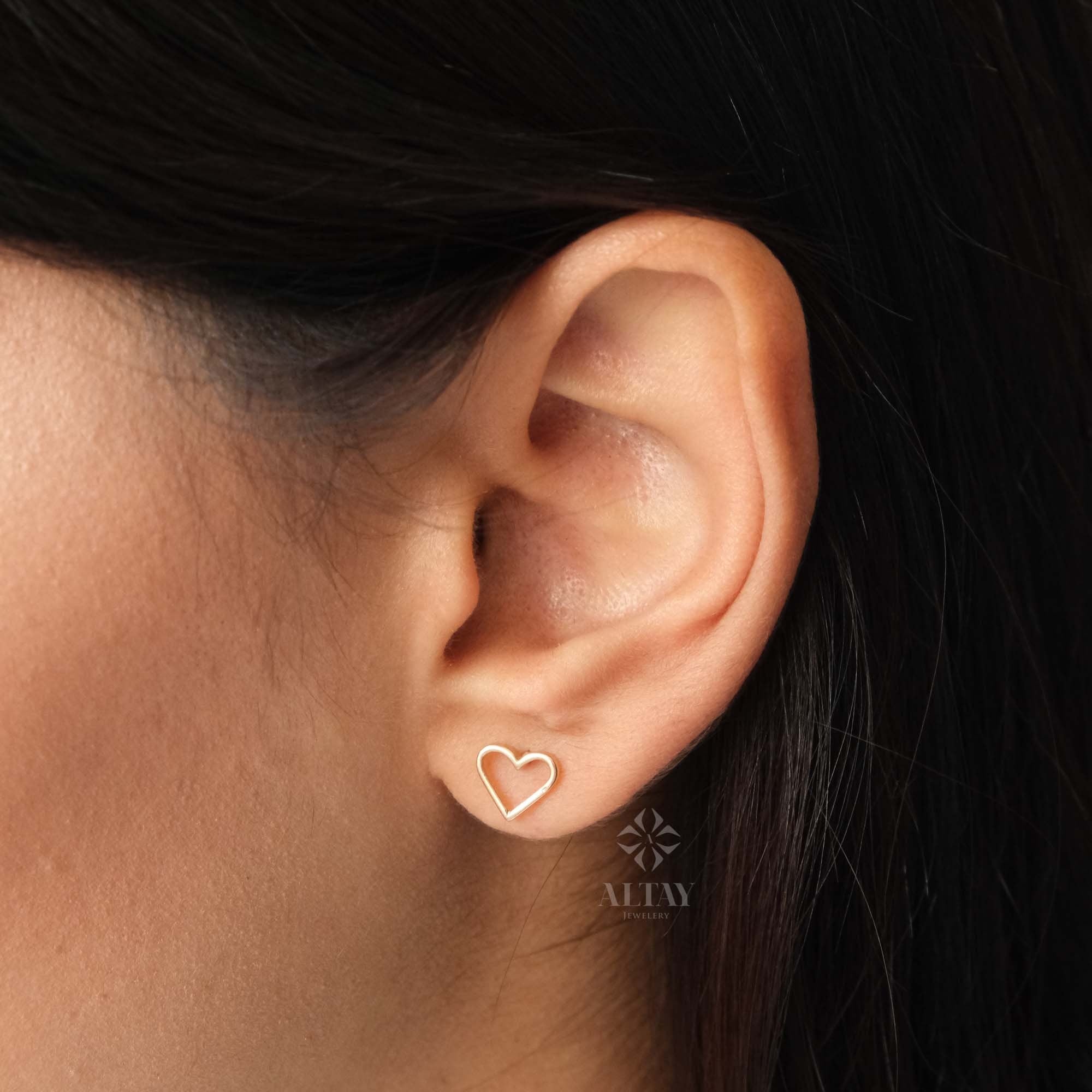 14K Gold Heart Stud Earrings, Open Heart Earrings, Mini Love Earrings Stacking Gold Earrings, Gifts for Daughter, Valentine's Gift for Her