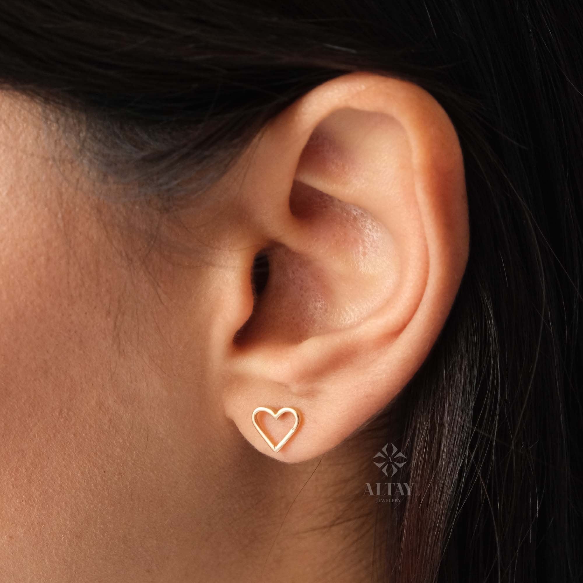 14K Gold Heart Stud Earrings, Open Heart Earrings, Mini Love Earrings Stacking Gold Earrings, Gifts for Daughter, Valentine's Gift for Her