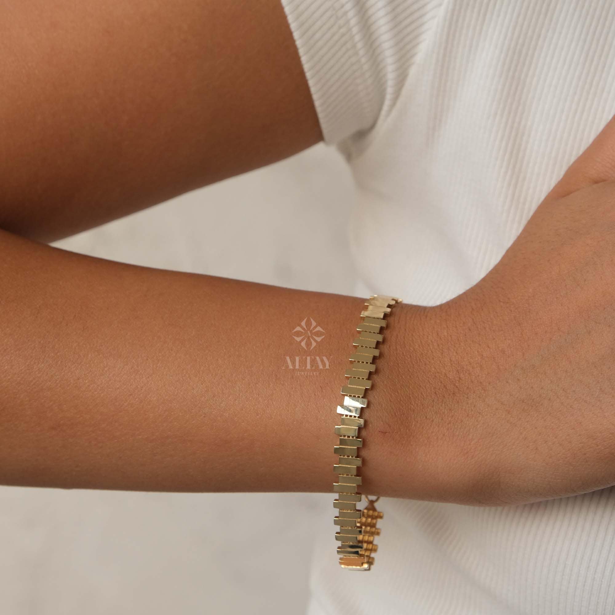 14K Gold ZigZag Bracelet, Statement Bracelet, Tiny Sticks Bracelet, Unique Design, Minimalist Bracelet, Christmas Jewelry, Men Women Chain