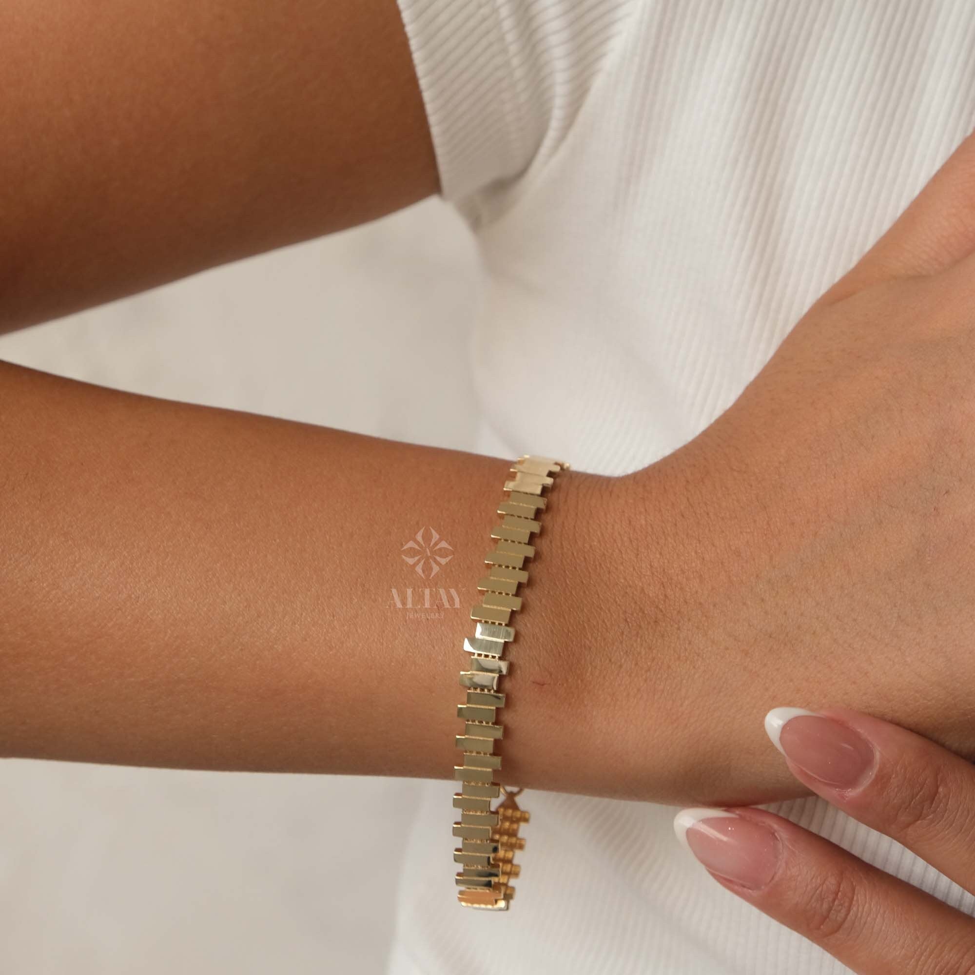 14K Gold ZigZag Bracelet, Statement Bracelet, Tiny Sticks Bracelet, Unique Design, Minimalist Bracelet, Christmas Jewelry, Men Women Chain
