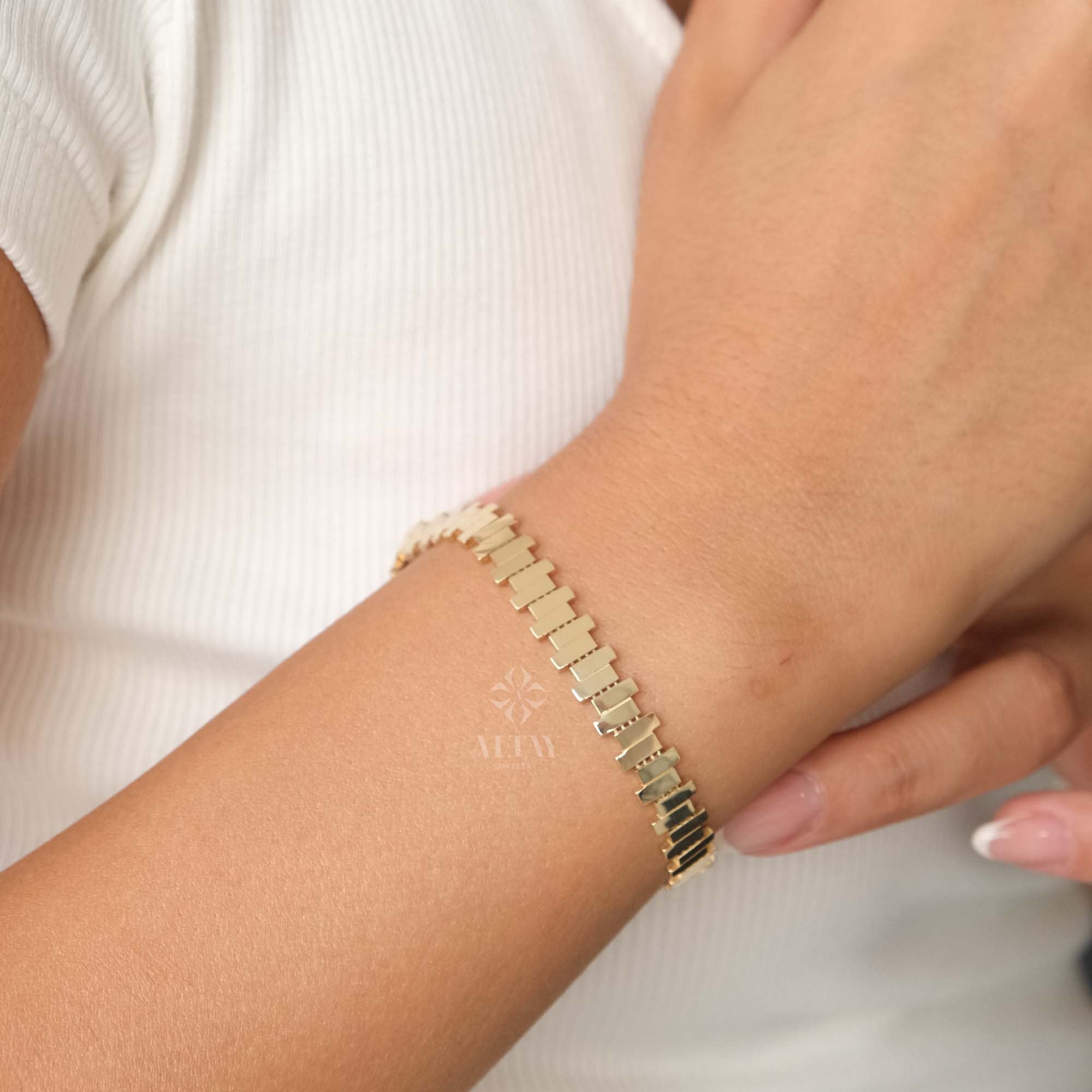 14K Gold ZigZag Bracelet, Statement Bracelet, Tiny Sticks Bracelet, Unique Design, Minimalist Bracelet, Christmas Jewelry, Men Women Chain