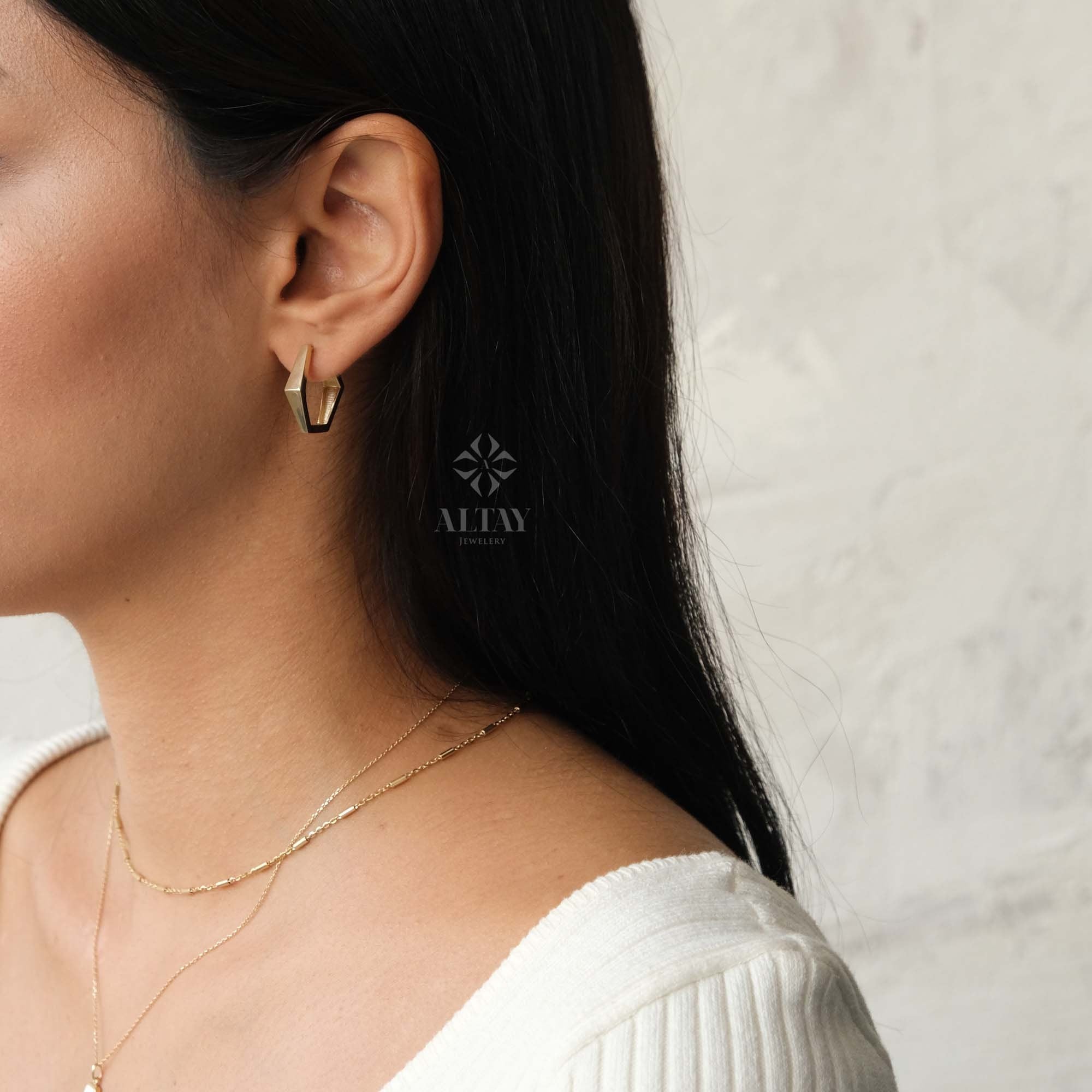 14K Gold Hoop Earring, Hexagon Gold Hoops, Geometric Gold Earrings, Dainty Hoops Huggies, Chunky Everyday Earrings, Shiny Finish Earrings