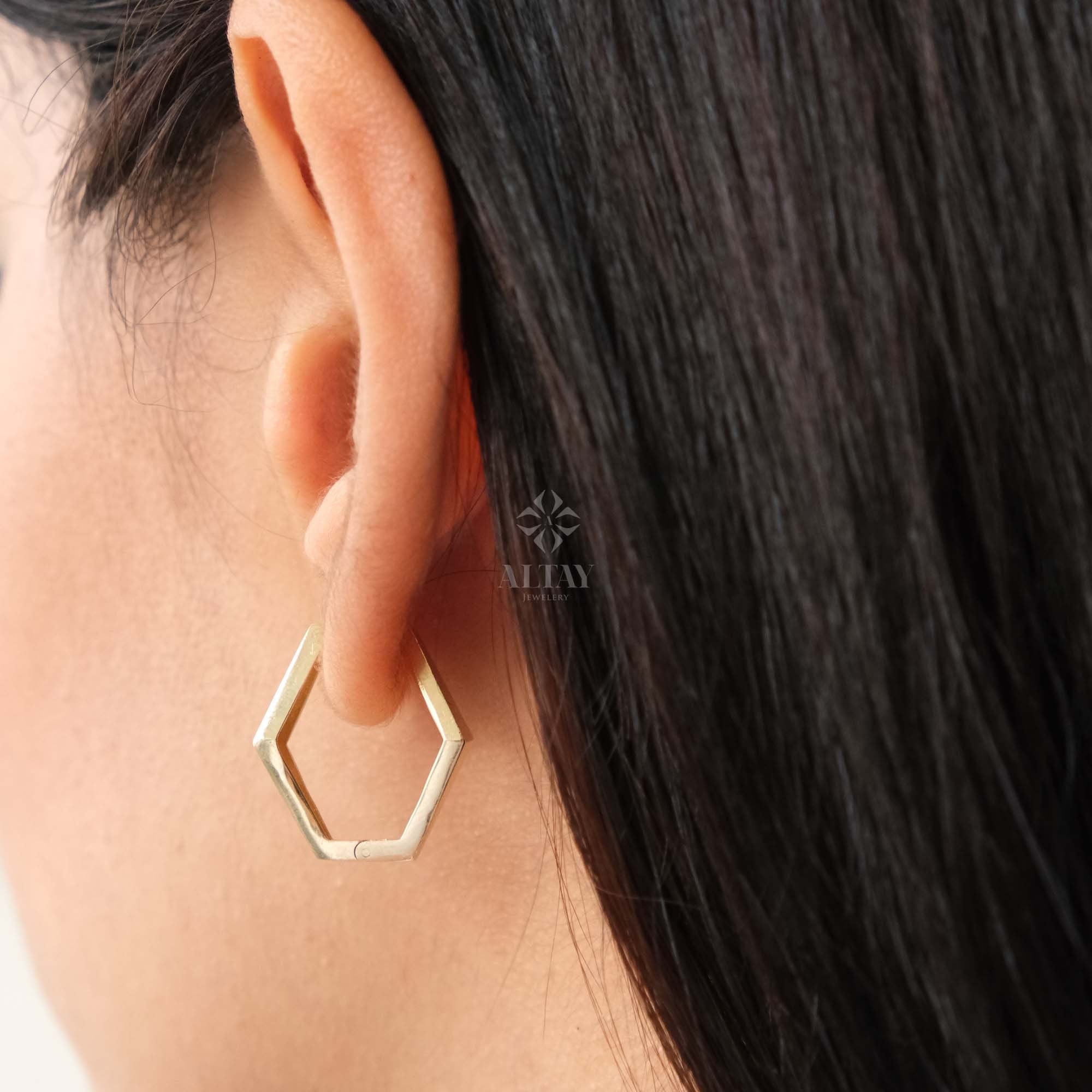 14K Gold Hoop Earring, Hexagon Gold Hoops, Geometric Gold Earrings, Dainty Hoops Huggies, Chunky Everyday Earrings, Shiny Finish Earrings