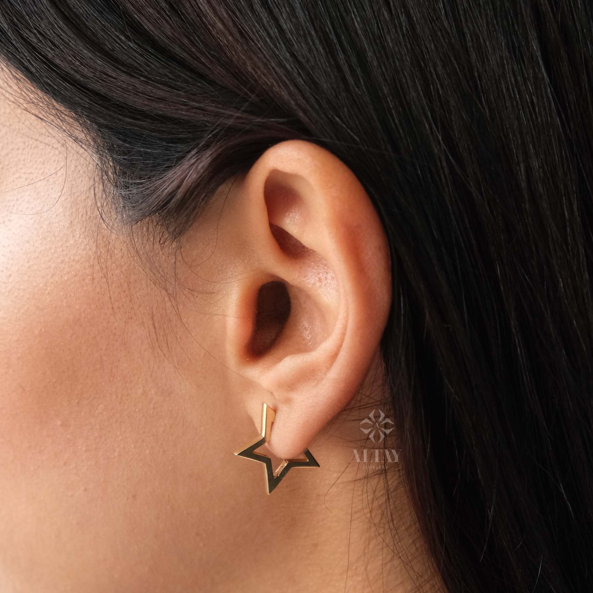 14K Gold Star Hoop Earrings, Open Star Huggie Earrings, Mini Starburst Earring, Stacking Gold Earrings, Minimalist Modern Hoop Earring