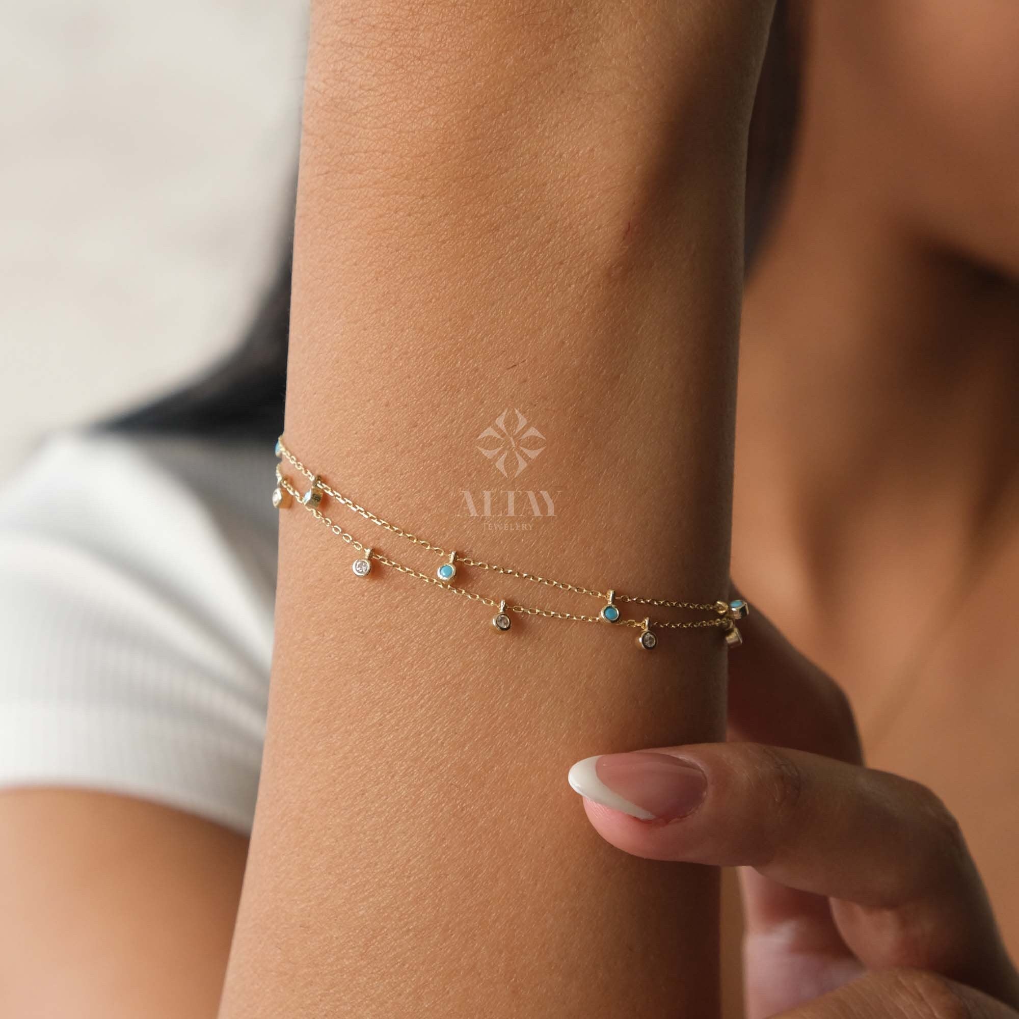 14K Gold Dangling Beaded Bracelet, Bezel Stone Station Bracelet, Colorful Satellite Bracelet, Turquoise Stone, Gold Bracelet for Women