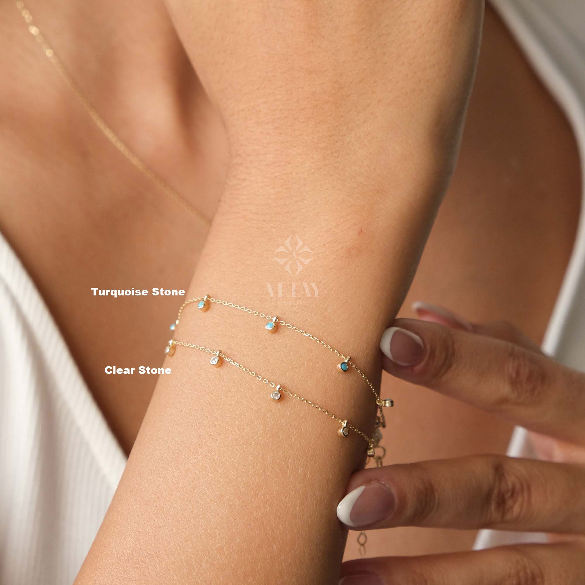 14K Gold Dangling Beaded Bracelet, Bezel Stone Station Bracelet, Colorful Satellite Bracelet, Turquoise Stone, Gold Bracelet for Women
