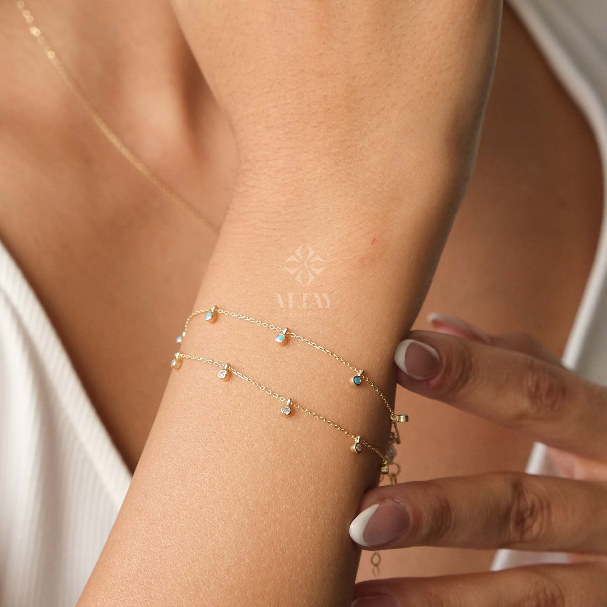 14K Gold Dangling Beaded Bracelet, Bezel Stone Station Bracelet, Colorful Satellite Bracelet, Turquoise Stone, Gold Bracelet for Women