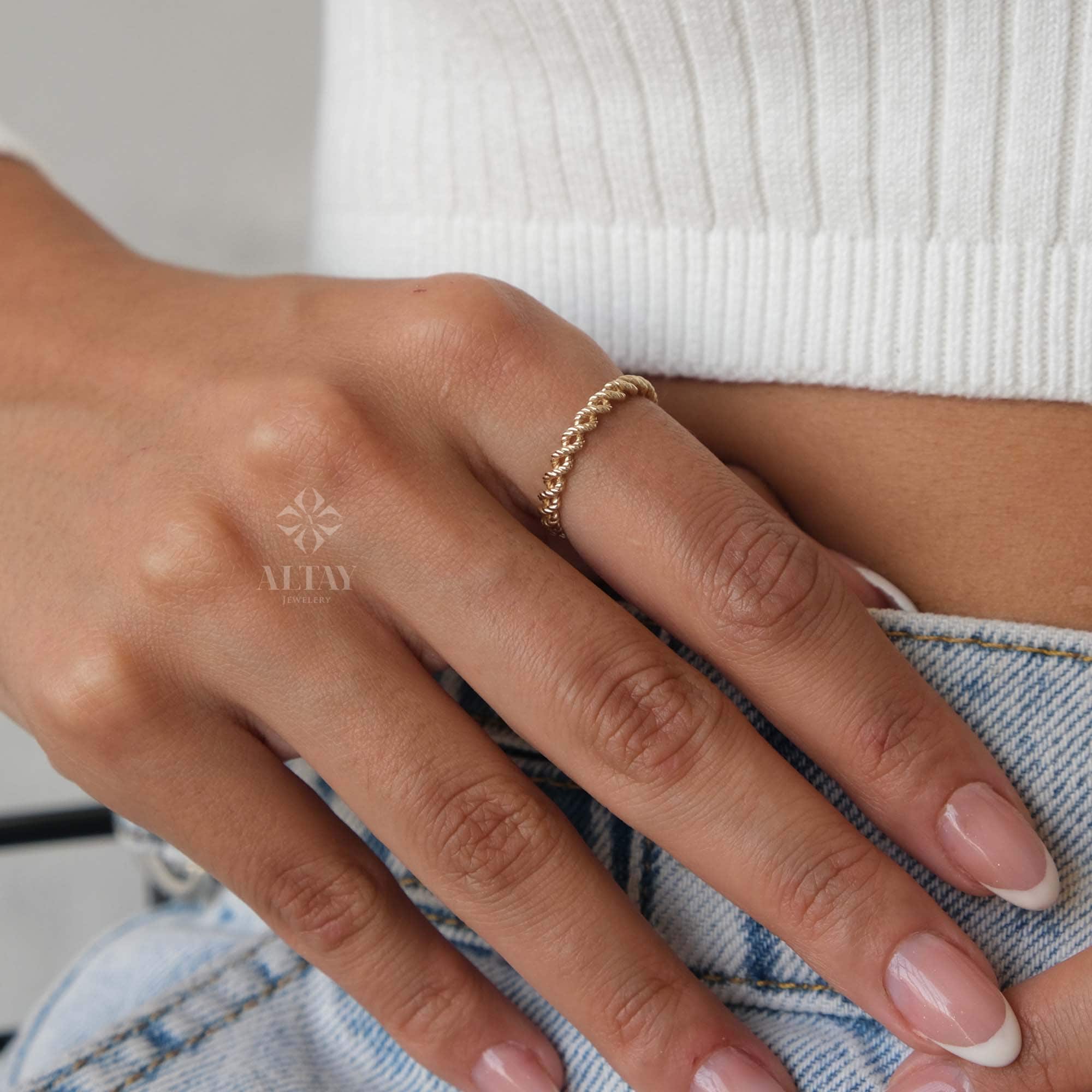 14K Gold Twist Ring, Croissant Braided 3mm Ring, Gold Rope Statement Ring, Twisted Diamond Cut Line Ring, Fine Jewelry, Gift For Her