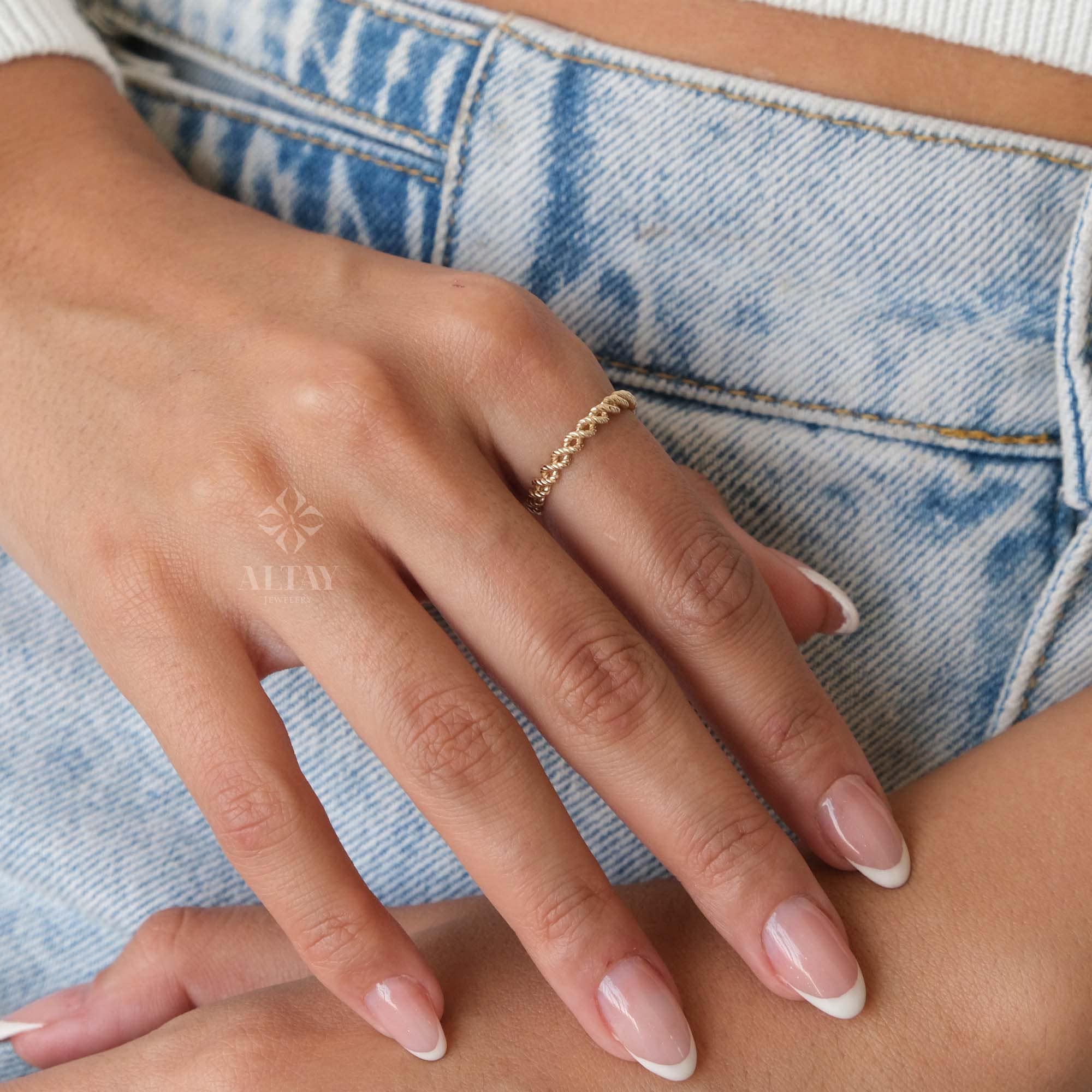 14K Gold Twist Ring, Croissant Braided 3mm Ring, Gold Rope Statement Ring, Twisted Diamond Cut Line Ring, Fine Jewelry, Gift For Her
