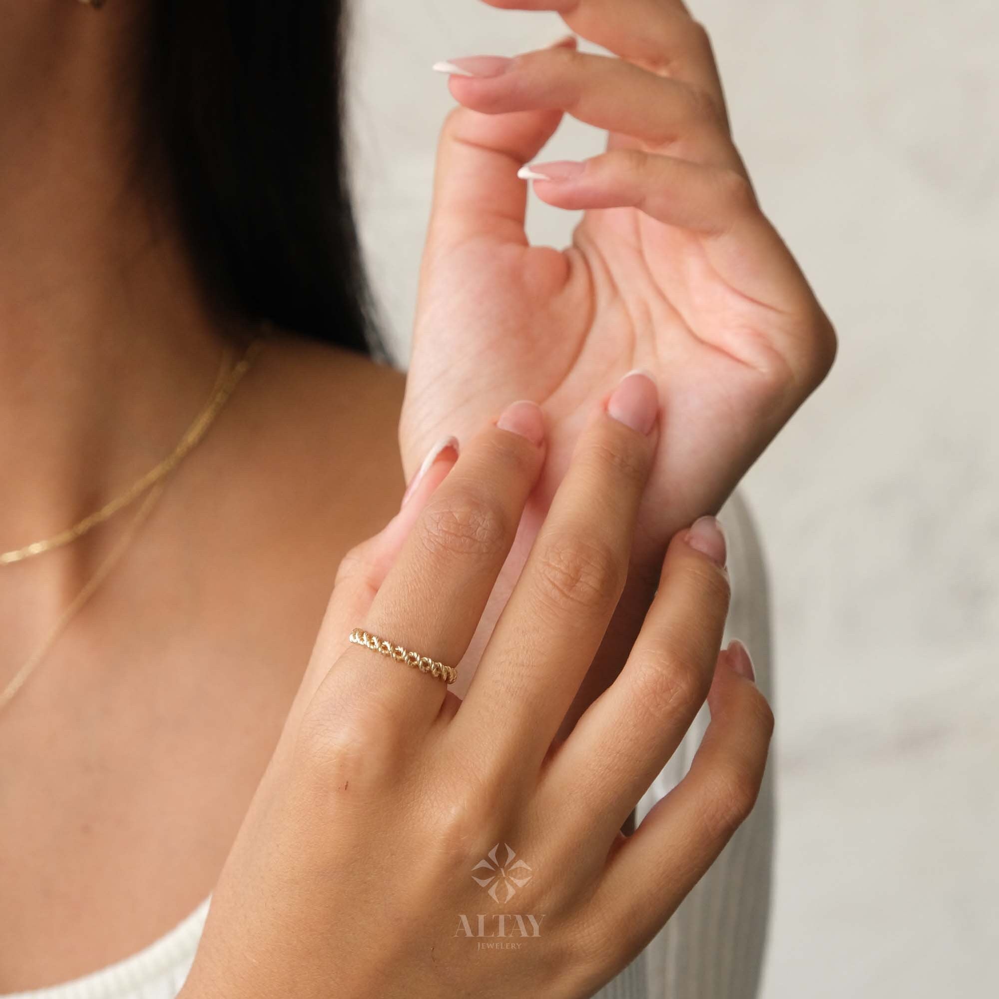 14K Gold Twist Ring, Croissant Braided 3mm Ring, Gold Rope Statement Ring, Twisted Diamond Cut Line Ring, Fine Jewelry, Gift For Her