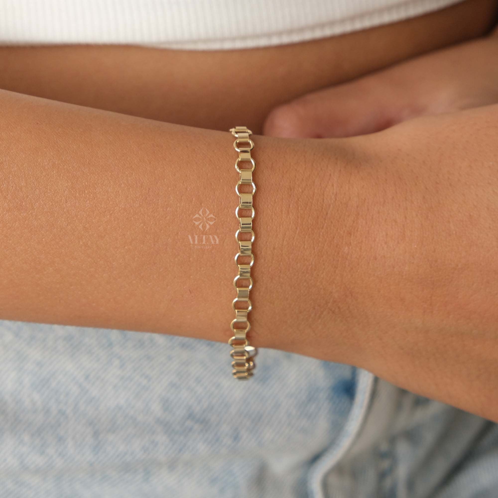 14K Gold Rolo Chain Bracelet, 5mm Gold Link Belcher Chain Bracelet, Belt Link Charm Bracelet, Minimal Delicate Round Bracelet, Women, Men