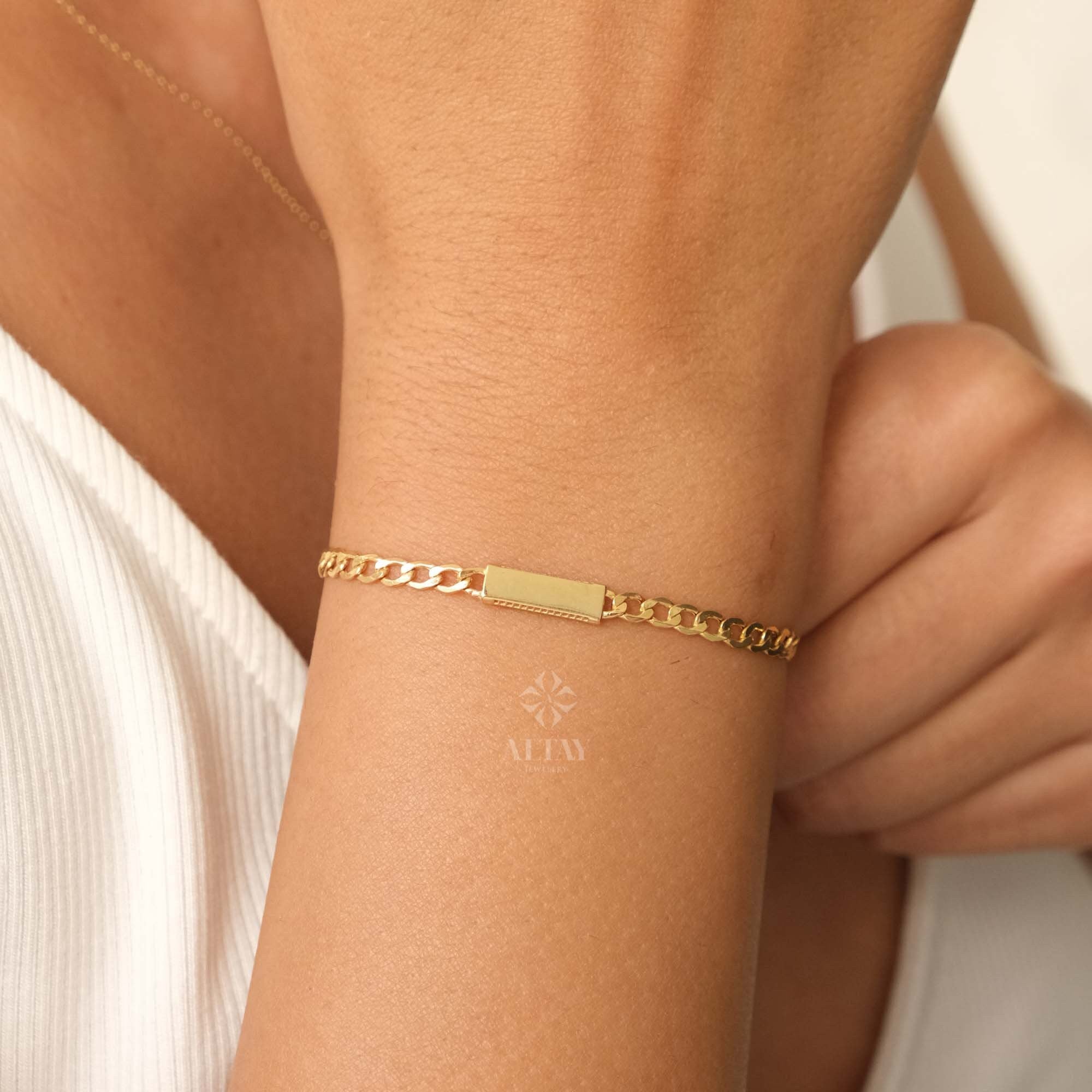 14K Gold Cuban Link Bracelet, Dainty Bar Bracelet, Curb Chunky Engraved Bracelet, Skinny Bar Bracelet, Stacking Bracelet, Men Women Chain