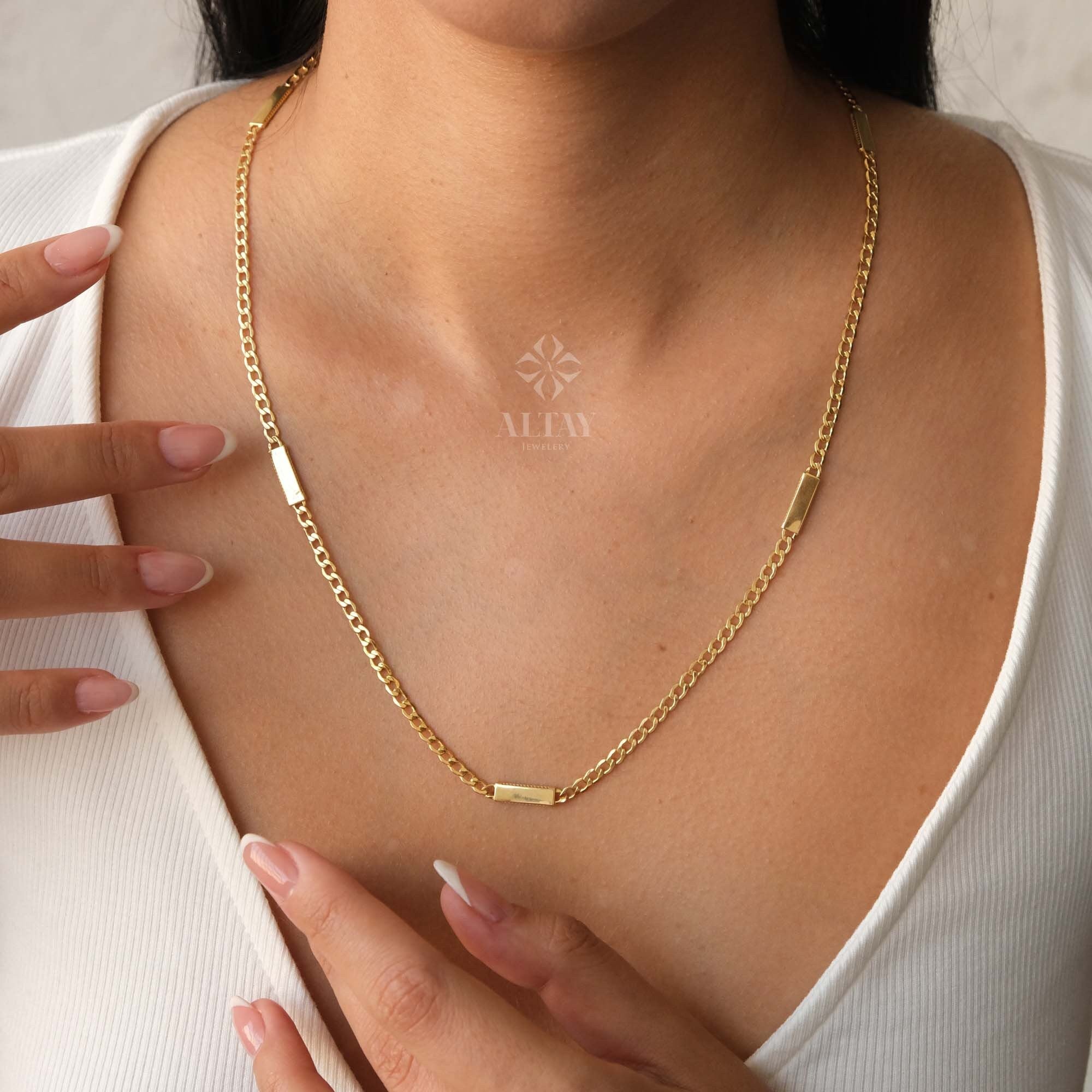 14K Gold Cuban Link Necklace, Dainty Bar Necklace, Curb Chunky Engraved Necklace, Skinny Bar Necklace, Stacking Necklace, Men Women Chain