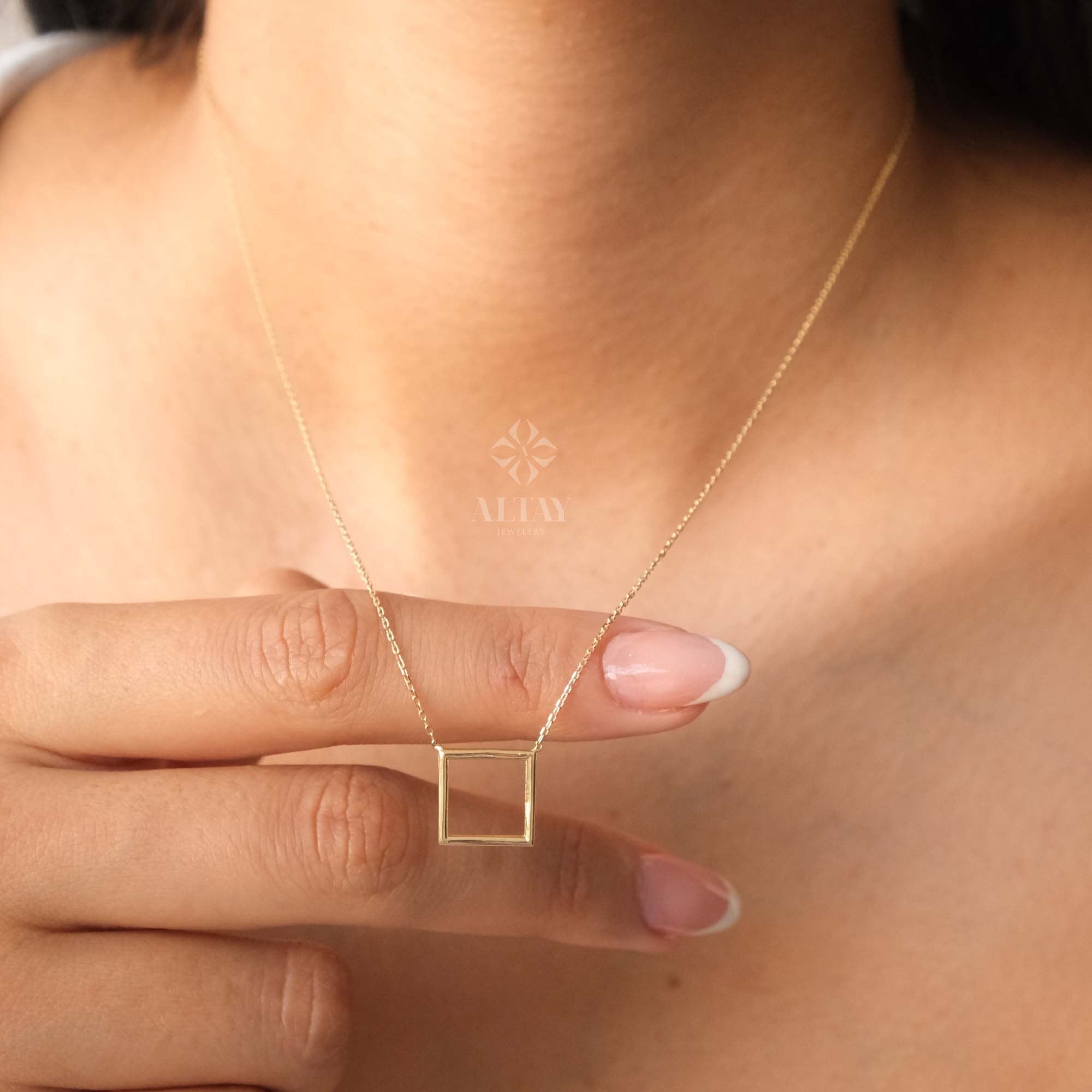 14K Gold Open Square Necklace, Small Square Pendant, Square Charm Choker, Family Necklace, Mini Kite Necklace, Layering Charm Necklace