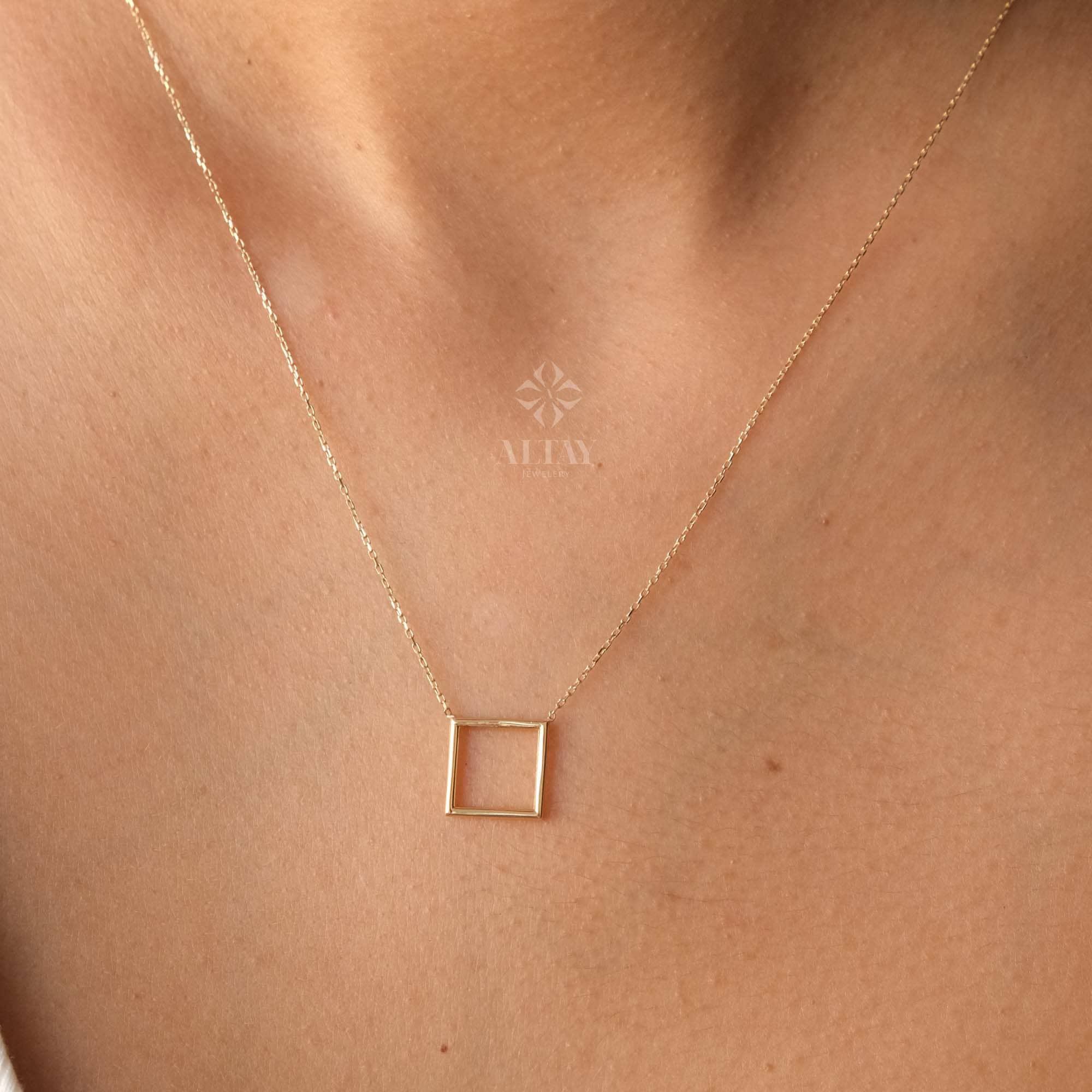 14K Gold Open Square Necklace, Small Square Pendant, Square Charm Choker, Family Necklace, Mini Kite Necklace, Layering Charm Necklace