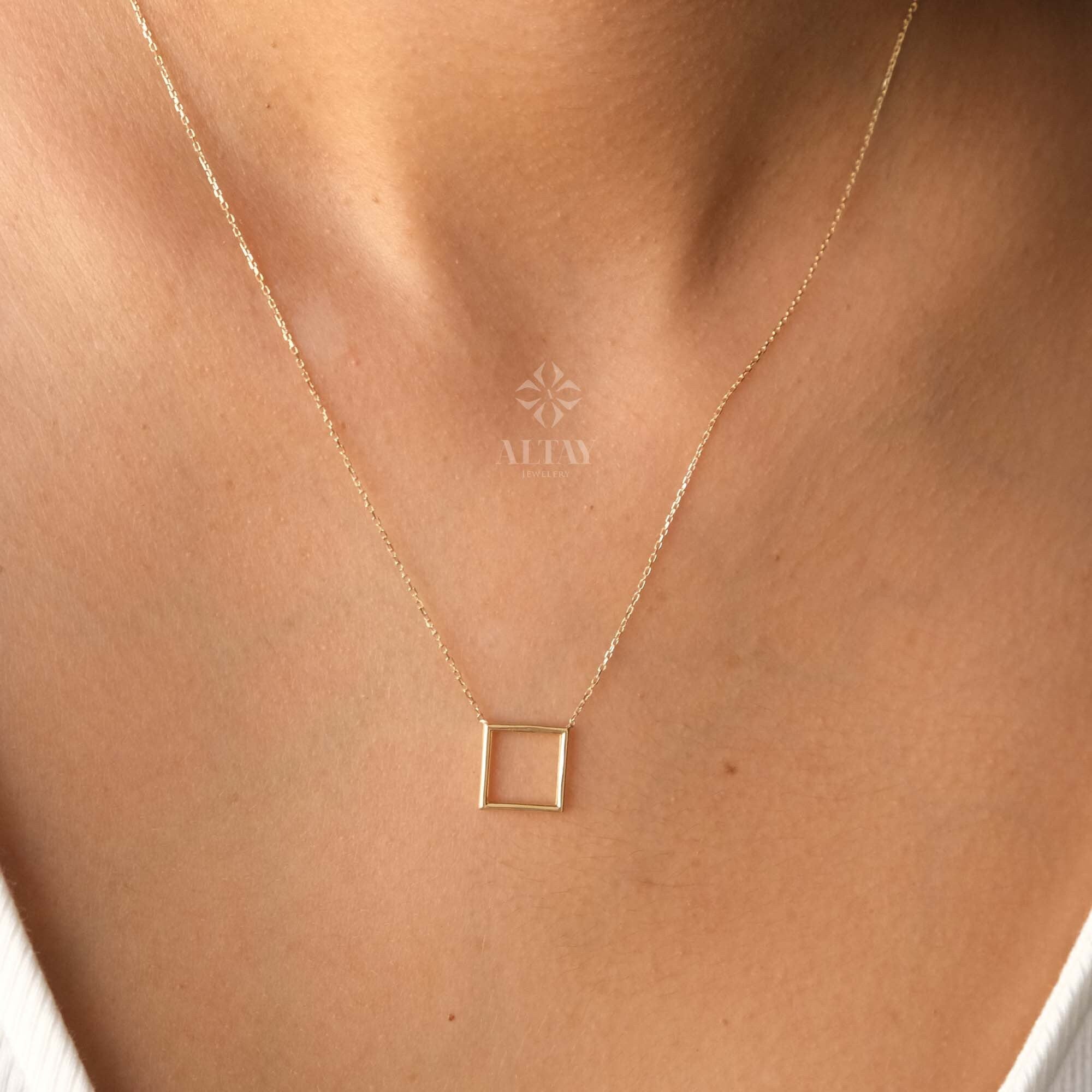 14K Gold Open Square Necklace, Small Square Pendant, Square Charm Choker, Family Necklace, Mini Kite Necklace, Layering Charm Necklace