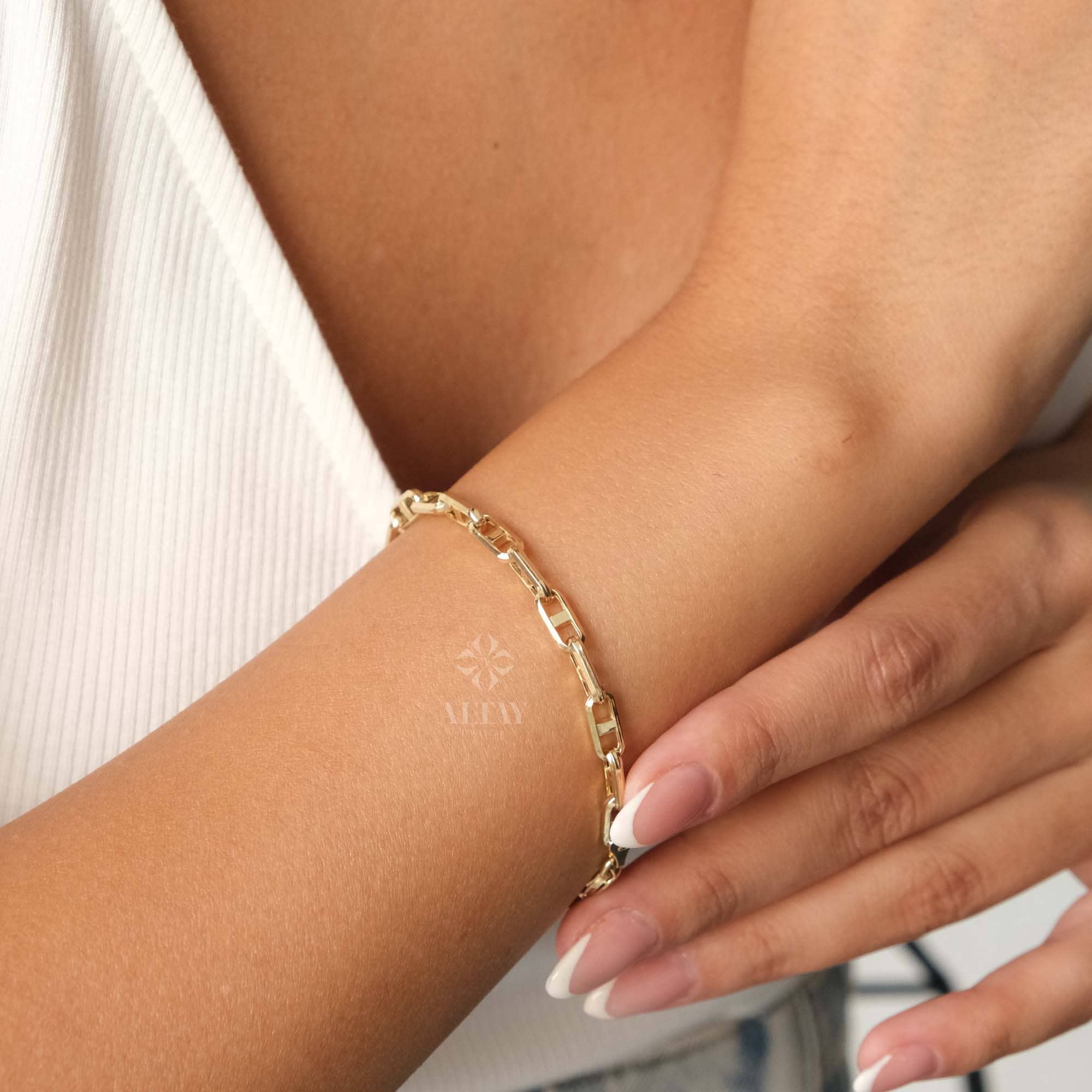 14K Gold Rectangle Chain Bracelet, Oval Chain Bracelet, Rectangle Long Paperclip Chain Anklet, Chunky Chain Link, Light Tone Bracelet