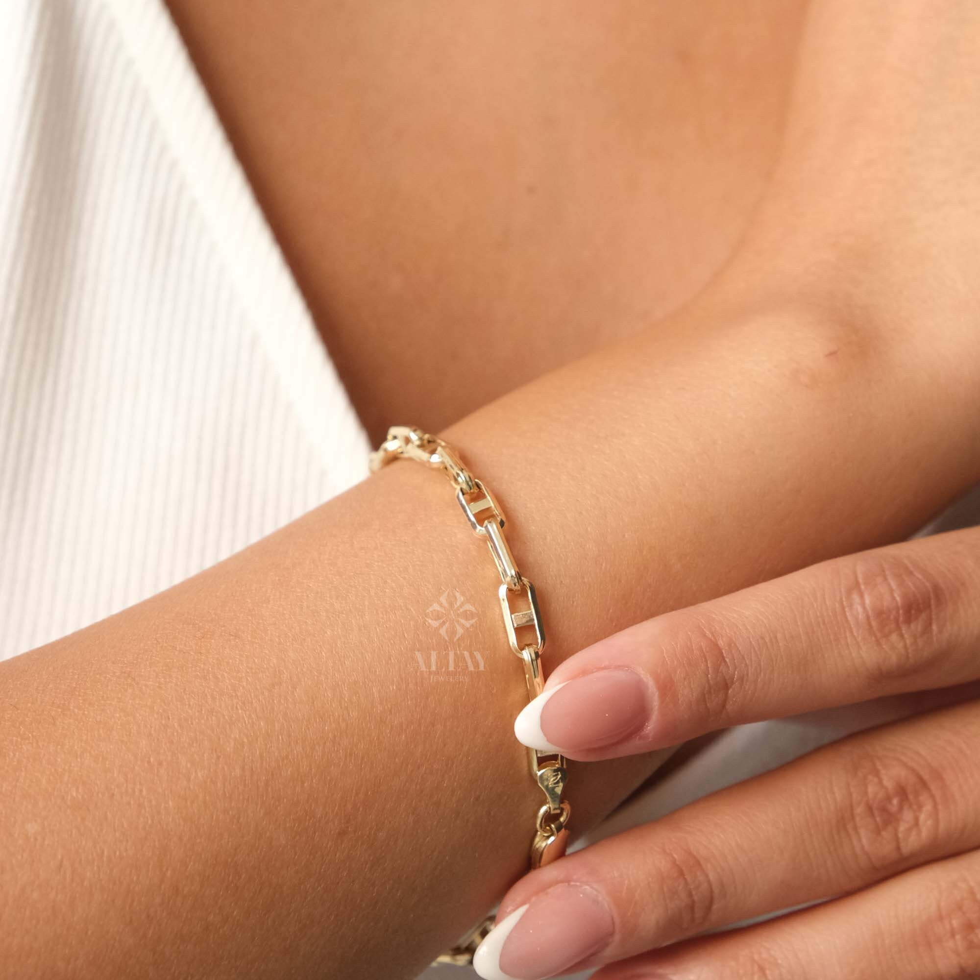 14K Gold Rectangle Chain Bracelet, Oval Chain Bracelet, Rectangle Long Paperclip Chain Anklet, Chunky Chain Link, Light Tone Bracelet