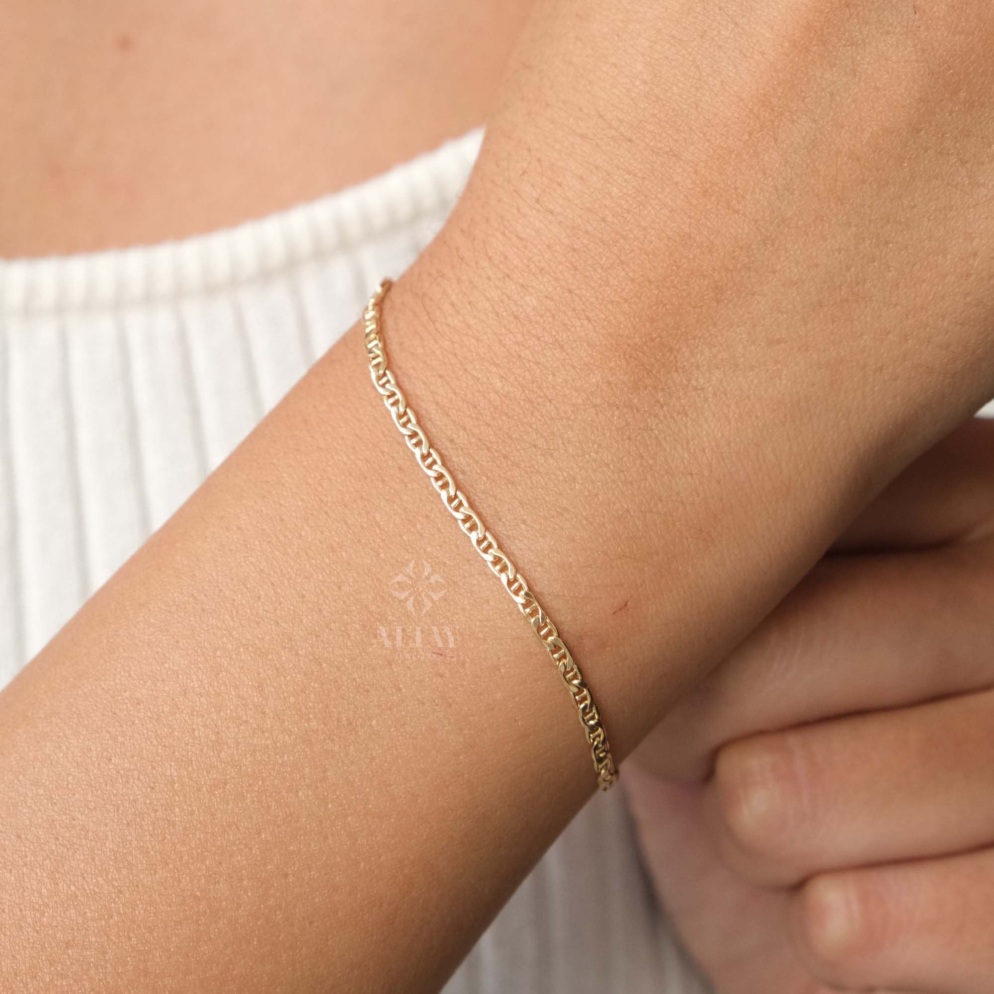 14K Gold Mariner Chain Bracelet, 2mm Anchor Link Bracelet, Flat Mariner Link, Minimalist Stacking Gold Bracelet for Women