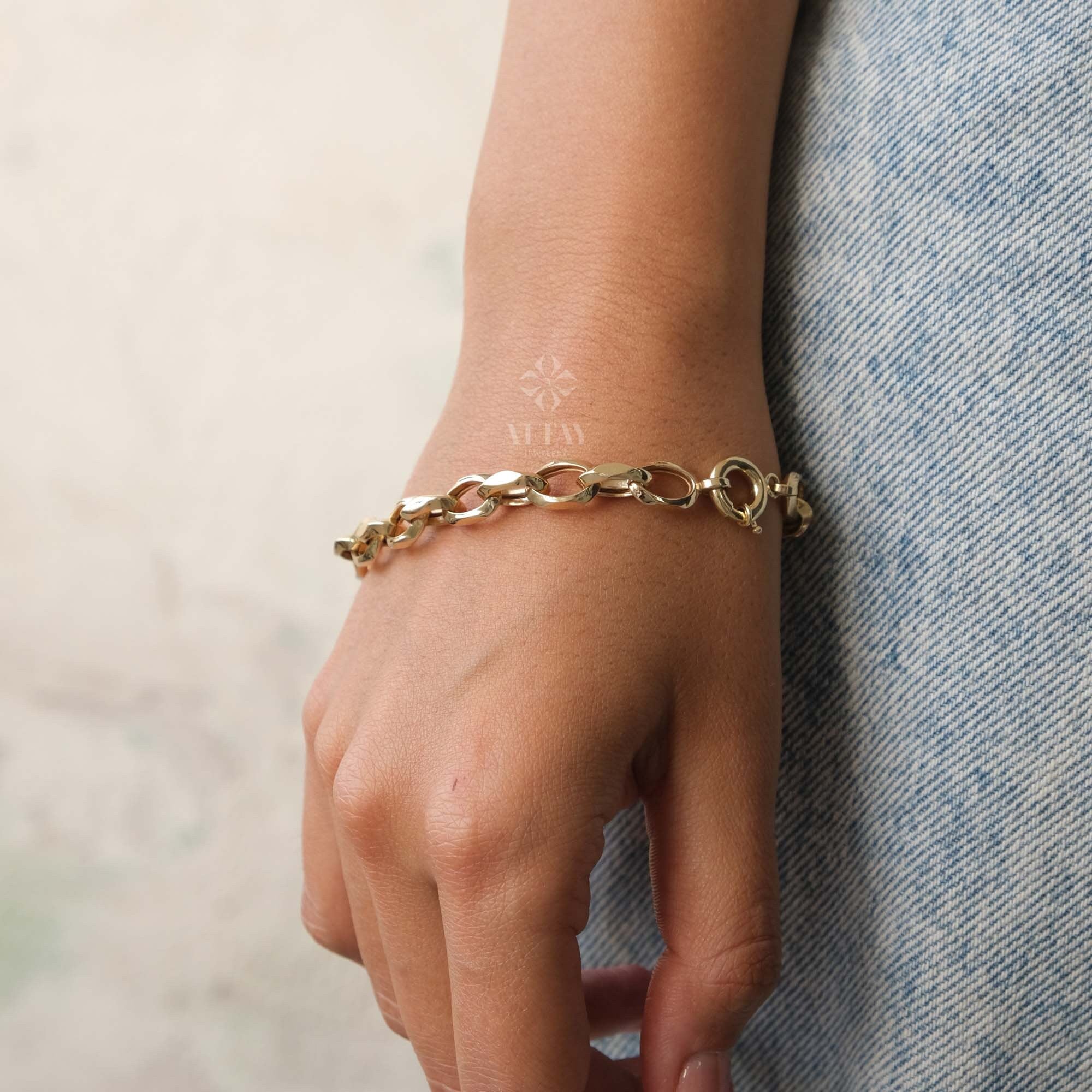 14K Gold Paperclip Rolo Chain Bracelet, Oval Rectangle Paper Clip Chain, Gold Thick Flat Oval Link, Woman Man Gold Bracelet, Rolo Gold Link