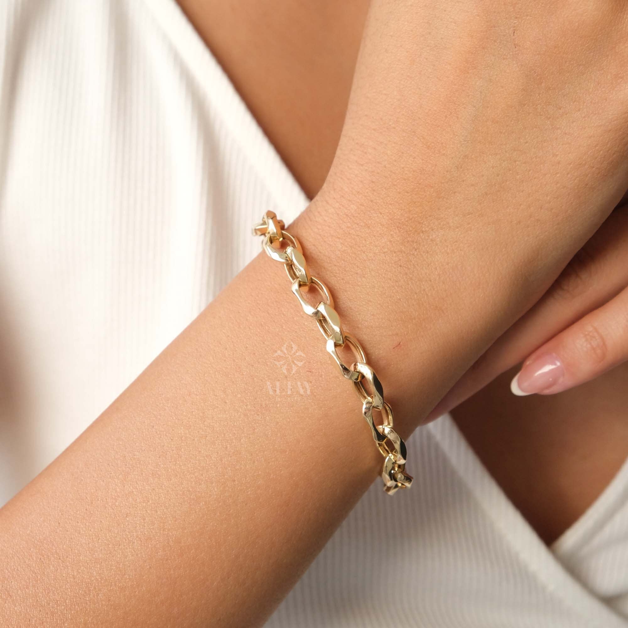 14K Gold Paperclip Rolo Chain Bracelet, Oval Rectangle Paper Clip Chain, Gold Thick Flat Oval Link, Woman Man Gold Bracelet, Rolo Gold Link