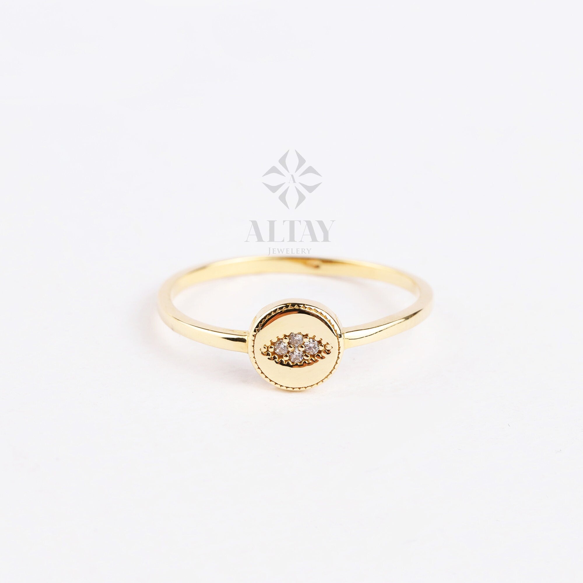 14K Gold Evil Eye Ring, Evil Eye CZ Diamond Band Ring, Hamsa Ring, Ring for Women, Third Eye Ring, Delicate Pinky Protection Ring
