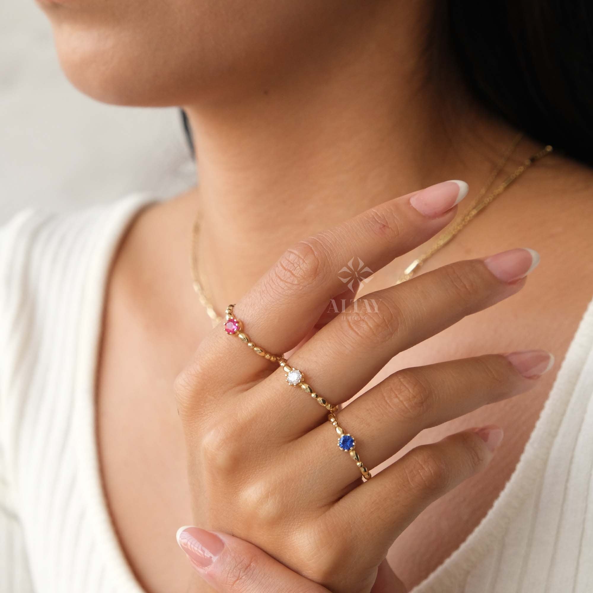 14K Gold Solitaire Birthstone Ring, Birthstone Solo Personalized Ring, Custom Gemstone Ring, Beaded Knuckle Band, Stacking Wedding Ring