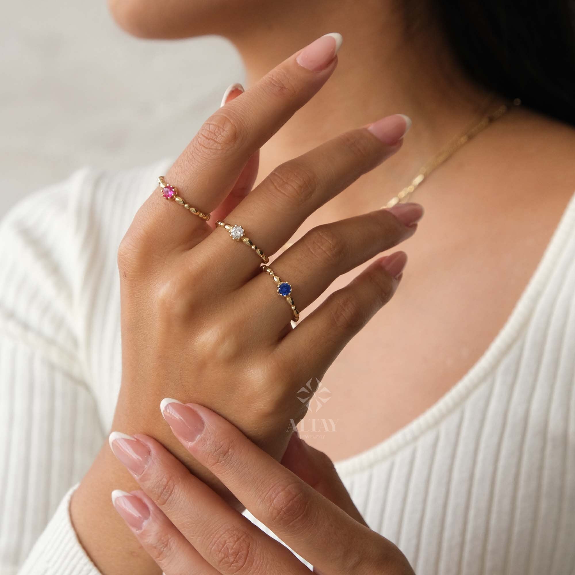 14K Gold Solitaire Birthstone Ring, Birthstone Solo Personalized Ring, Custom Gemstone Ring, Beaded Knuckle Band, Stacking Wedding Ring