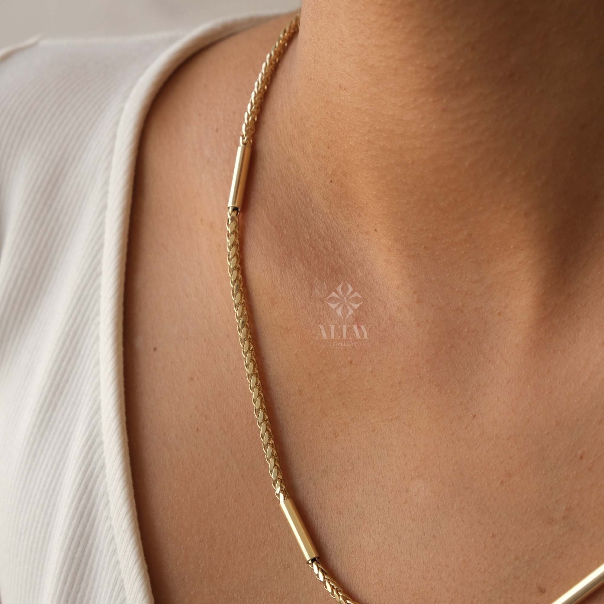 14K Gold Palm Franco Chain Necklace, Tube Chain Necklace, Cylinder Long Tube Chain, Chunky Chain Foxtail, Spiga Palm Wheat Pendant Chain