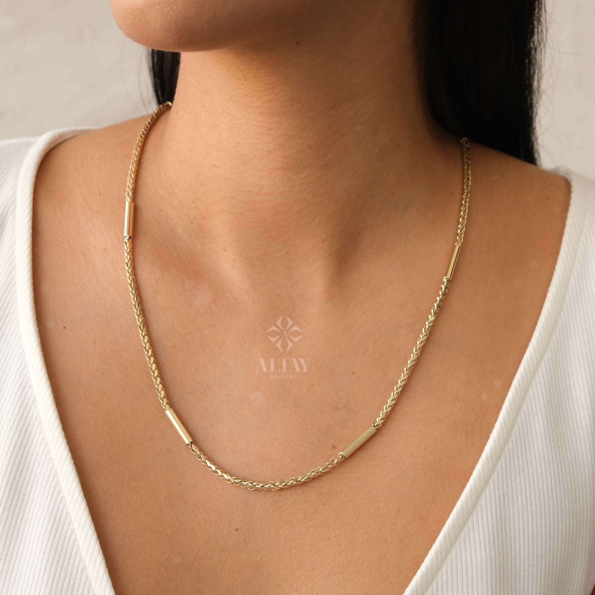 14K Gold Palm Franco Chain Necklace, Tube Chain Necklace, Cylinder Long Tube Chain, Chunky Chain Foxtail, Spiga Palm Wheat Pendant Chain
