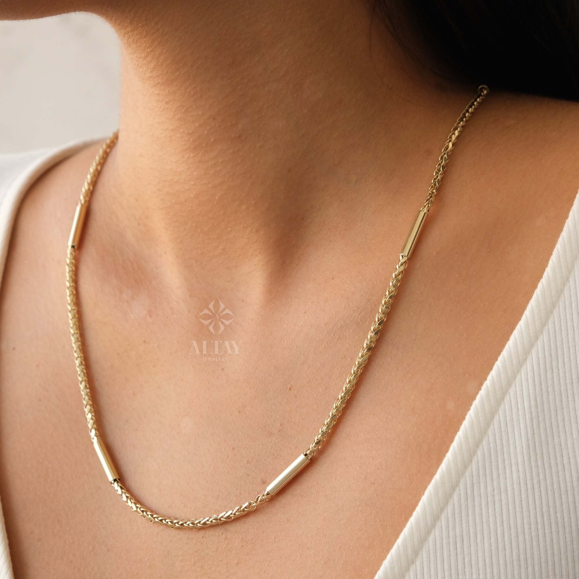 14K Gold Palm Franco Chain Necklace, Tube Chain Necklace, Cylinder Long Tube Chain, Chunky Chain Foxtail, Spiga Palm Wheat Pendant Chain