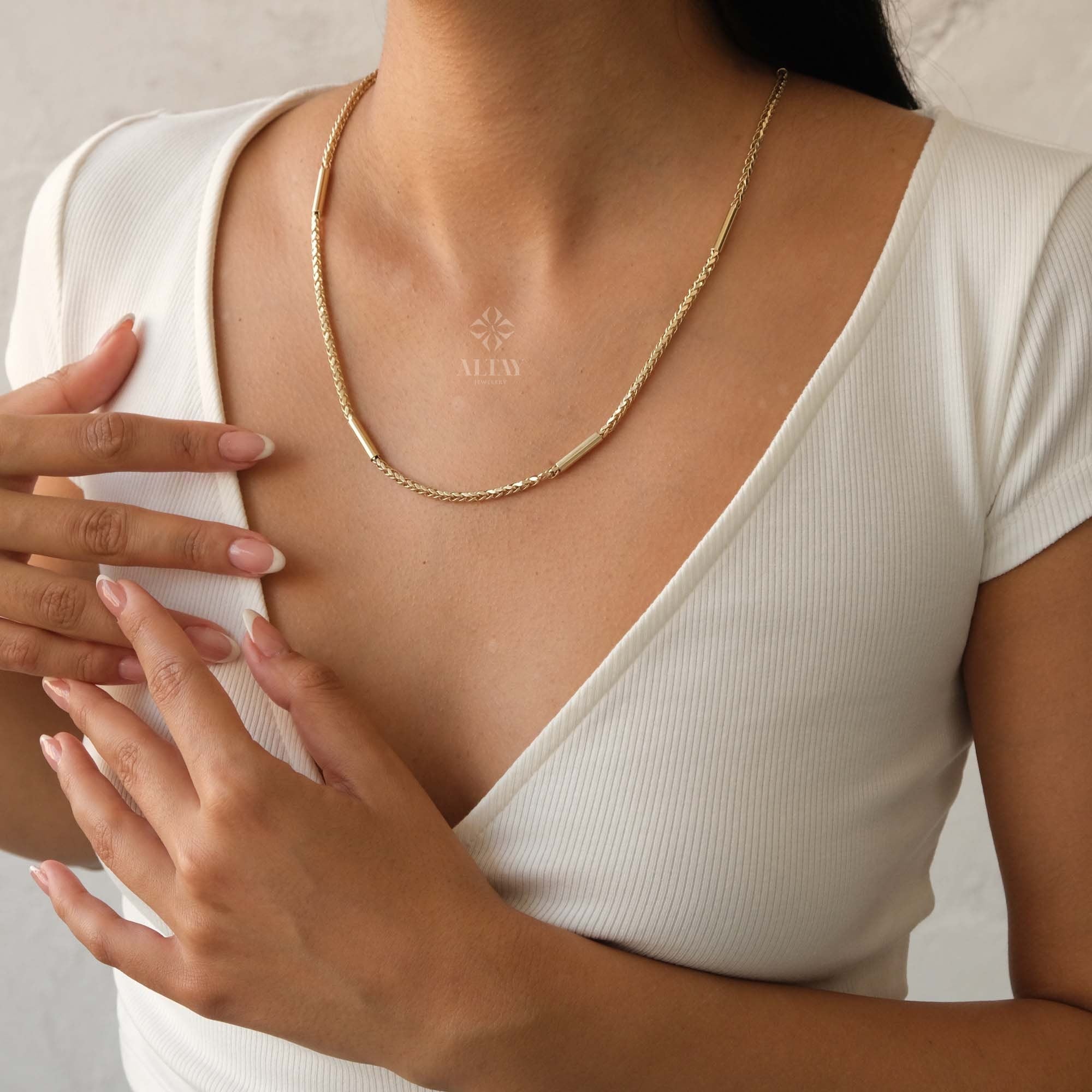 14K Gold Palm Franco Chain Necklace, Tube Chain Necklace, Cylinder Long Tube Chain, Chunky Chain Foxtail, Spiga Palm Wheat Pendant Chain