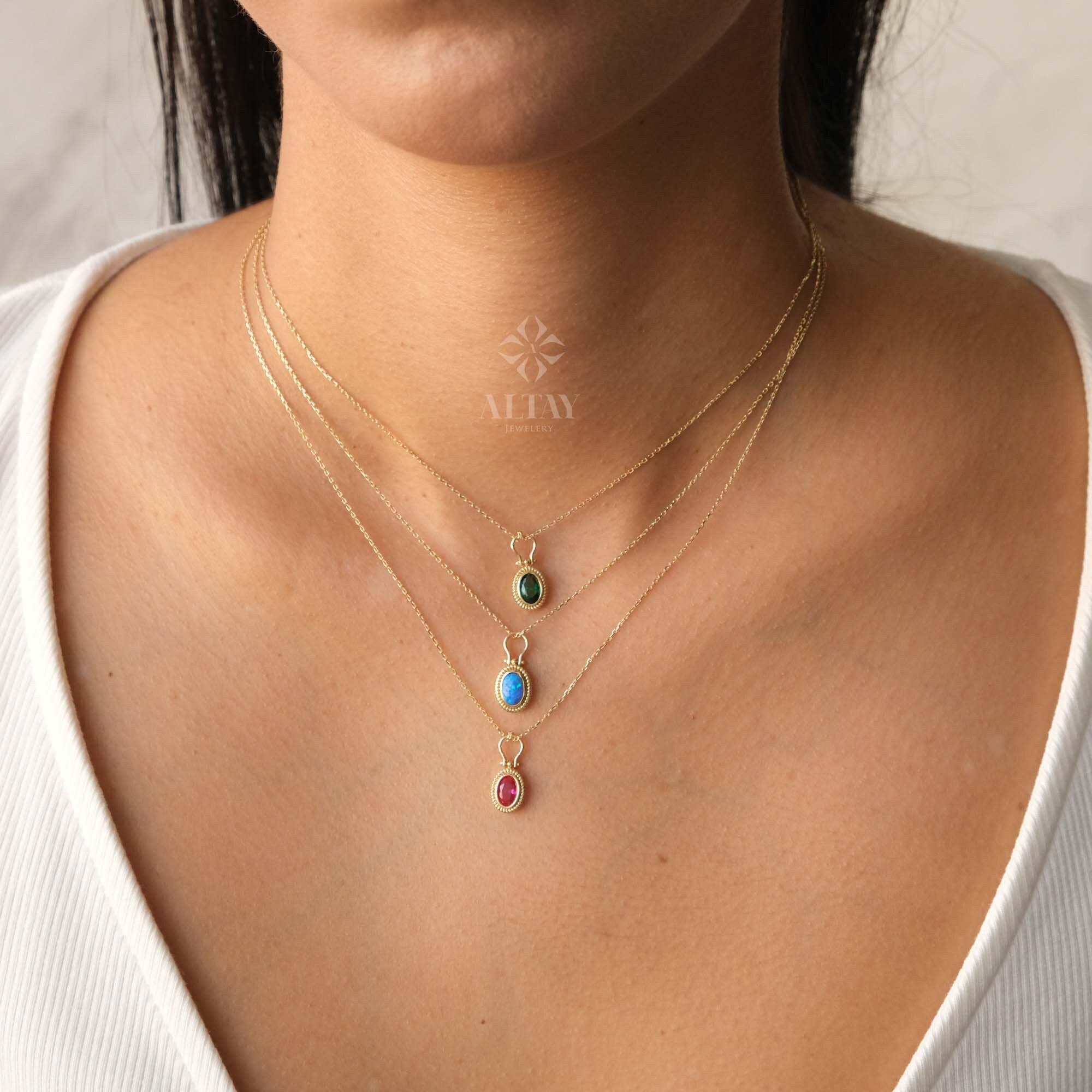 14K Gold Birthstone Necklace, Oval Shape Opal Pendant, Dainty Custom Gold Necklace, Layering Gemstone Necklace, Emerald Stone Moms Gift