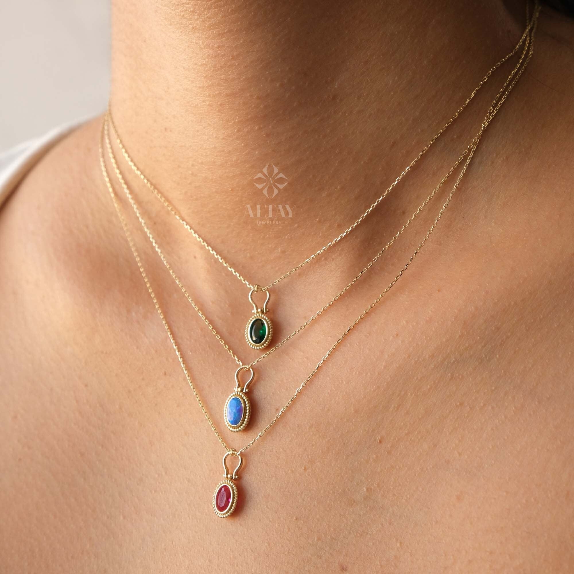 14K Gold Birthstone Necklace, Oval Shape Opal Pendant, Dainty Custom Gold Necklace, Layering Gemstone Necklace, Emerald Stone Moms Gift