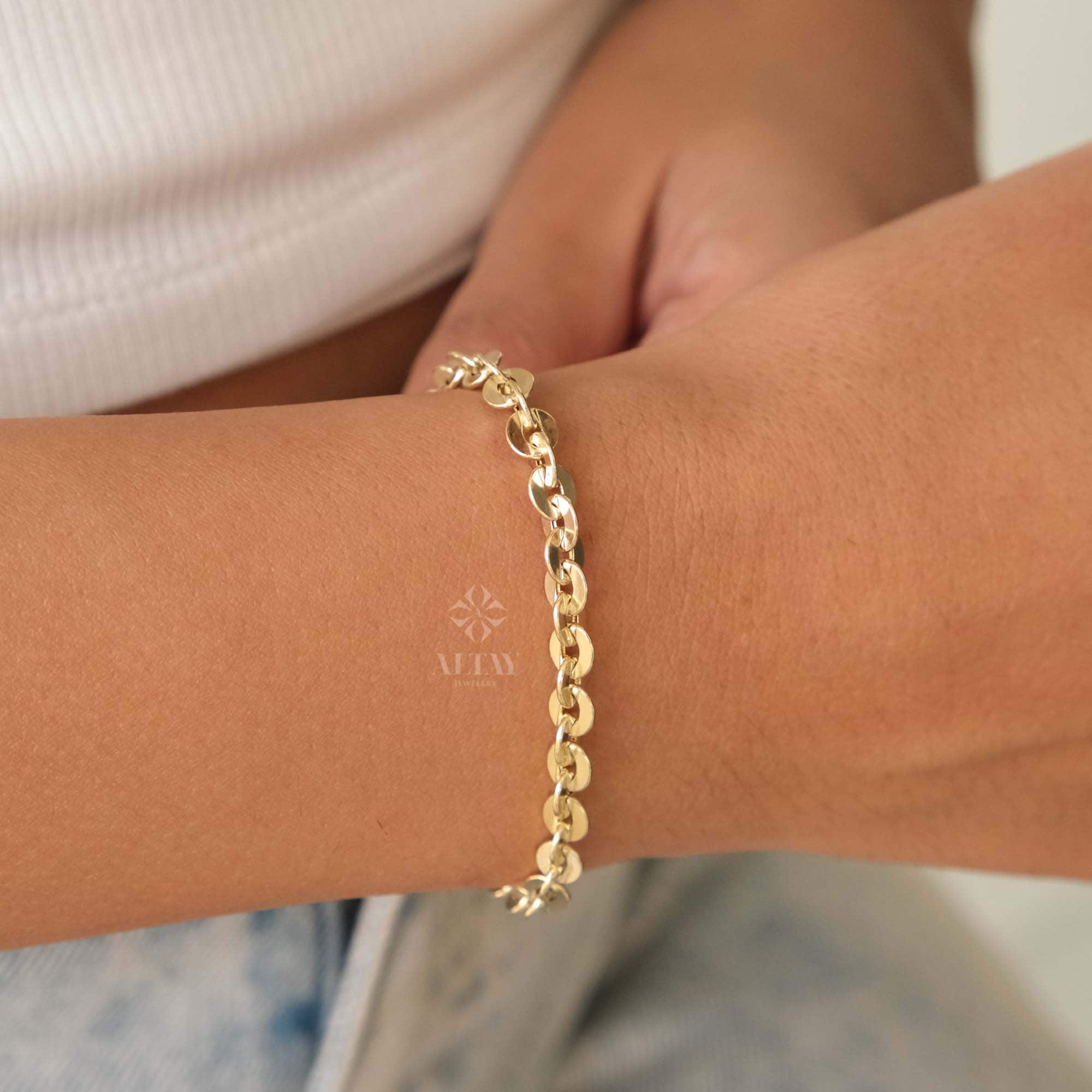 14K Gold Chain Bracelet, Rolo Chain Bracelet, Oval Links Bracelet, Chunky Chain Bracelet, Cable Chain Bracelet, Women Stacking Bracelet