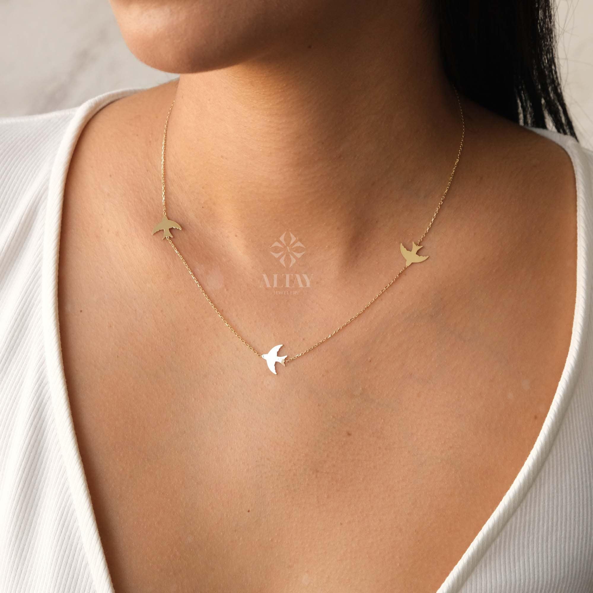14K Gold Bird Necklace, Three Birds Necklace, Swallows Charm Necklace, Personalized Graduation Gift, Petite Station Chain Choker Necklace