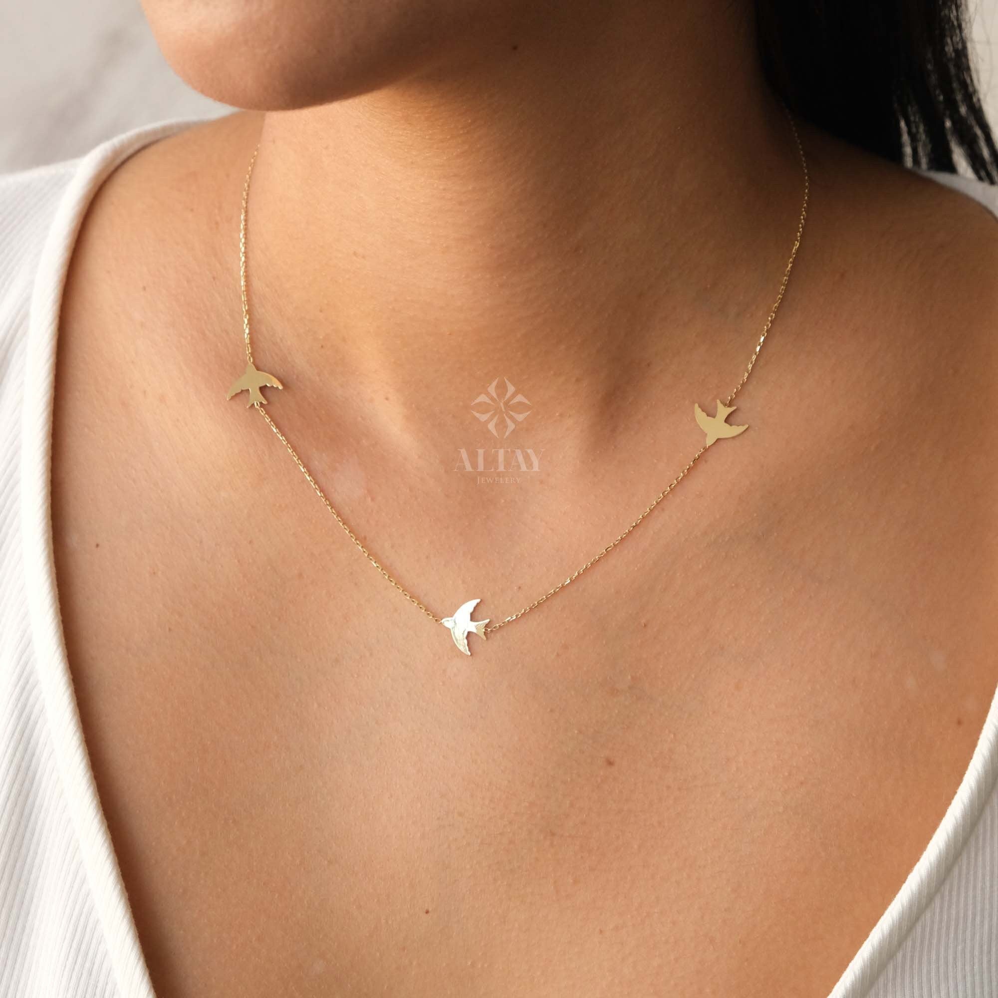 14K Gold Bird Necklace, Three Birds Necklace, Swallows Charm Necklace, Personalized Graduation Gift, Petite Station Chain Choker Necklace