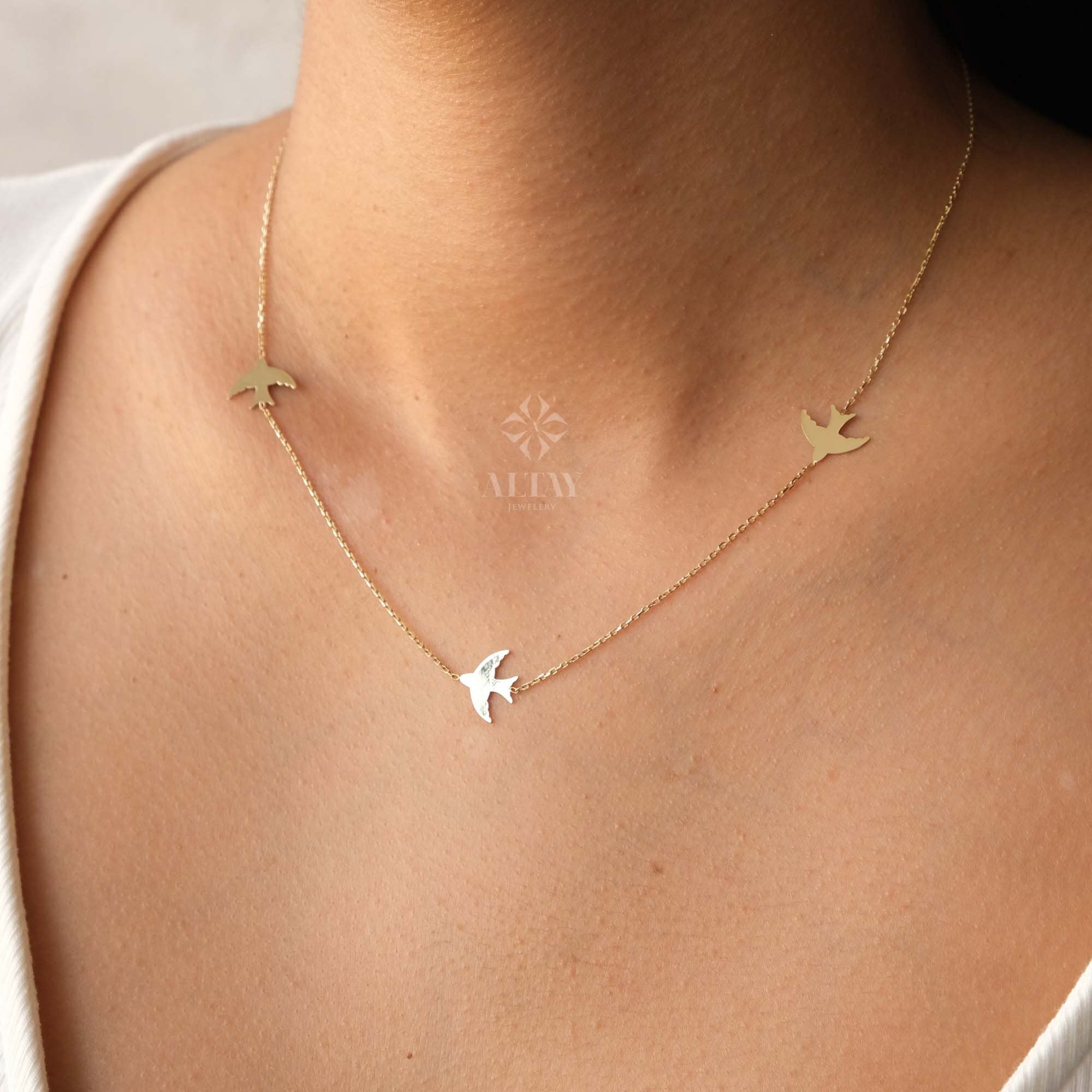14K Gold Bird Necklace, Three Birds Necklace, Swallows Charm Necklace, Personalized Graduation Gift, Petite Station Chain Choker Necklace