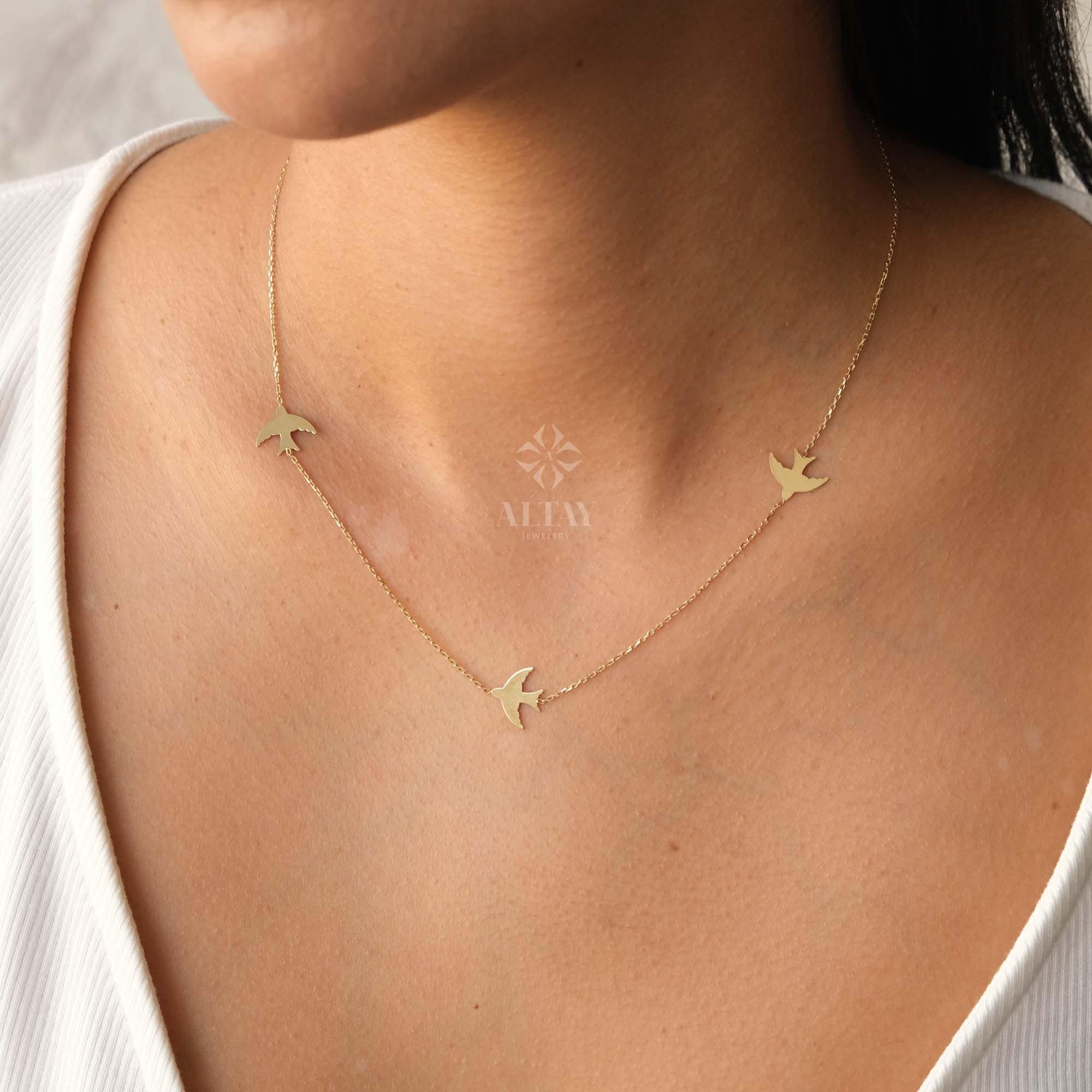 14K Gold Bird Necklace, Three Birds Necklace, Swallows Charm Necklace, Personalized Graduation Gift, Petite Station Chain Choker Necklace