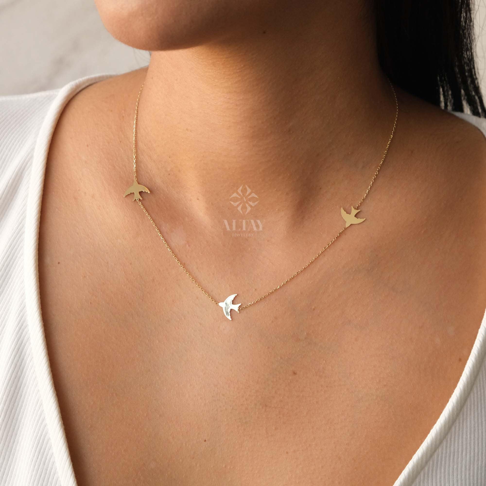 14K Gold Bird Necklace, Three Birds Necklace, Swallows Charm Necklace, Personalized Graduation Gift, Petite Station Chain Choker Necklace