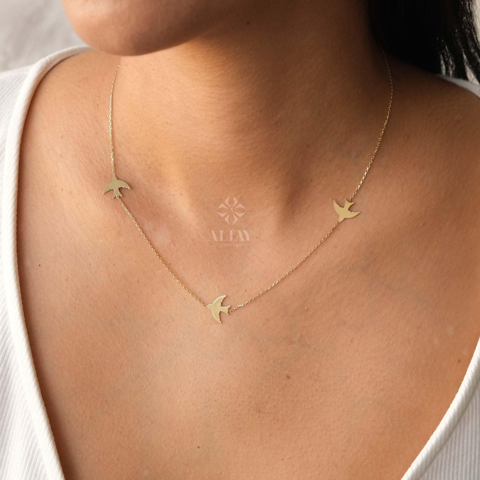 14K Gold Bird Necklace, Three Birds Necklace, Swallows Charm Necklace, Personalized Graduation Gift, Petite Station Chain Choker Necklace