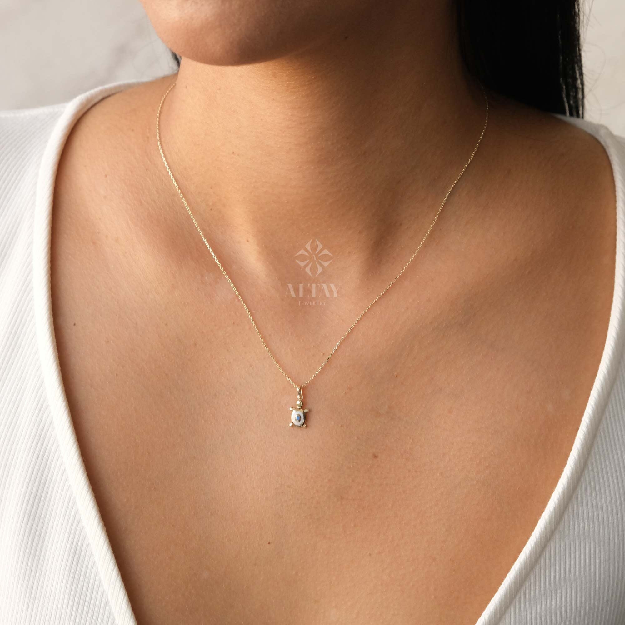 14K Gold Turtle Necklace, Tortoise Pendant, Turquoise Caretta Caretta Charm, Gold Cable Chain Chain Choker, Layering Sea Turtle Necklace
