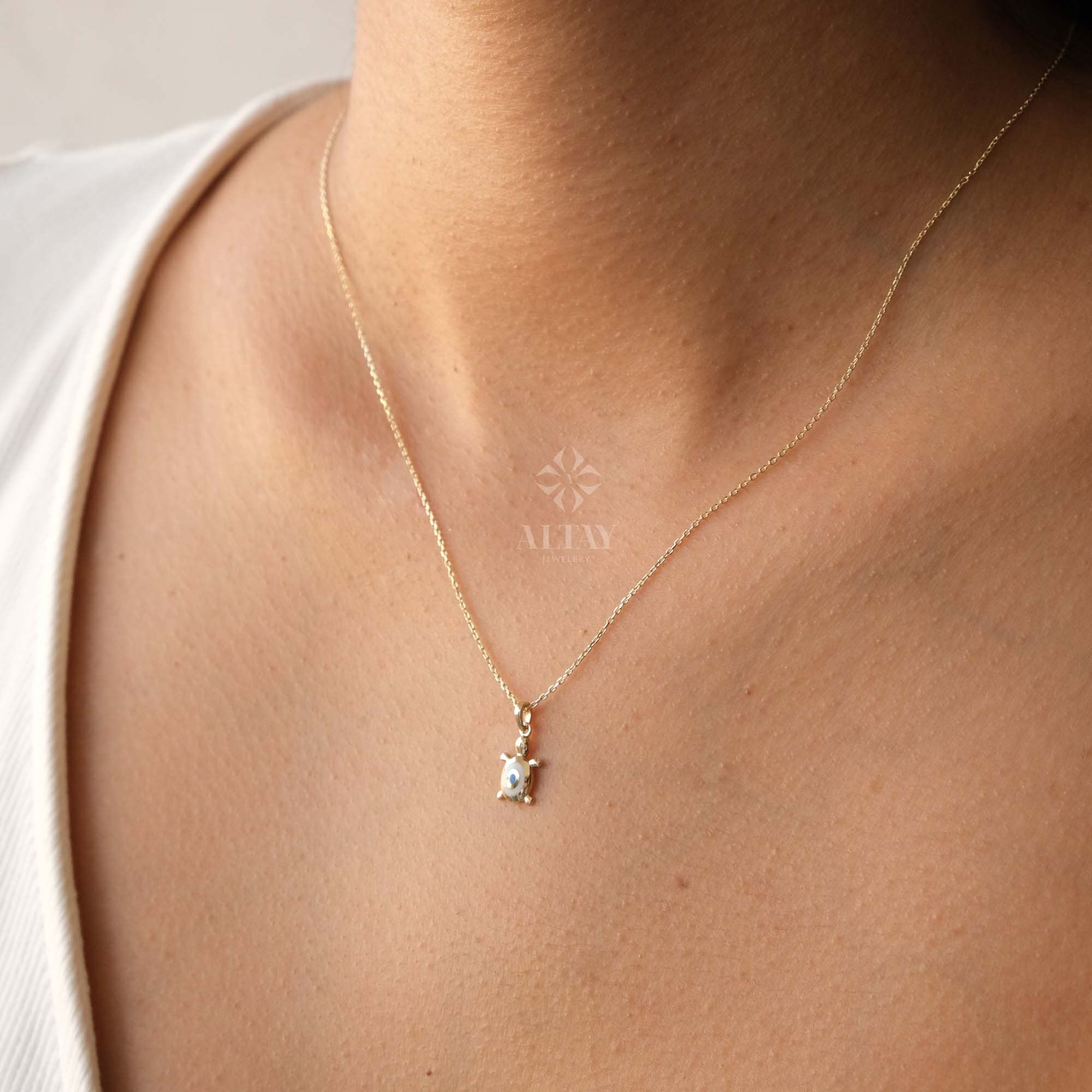 14K Gold Turtle Necklace, Tortoise Pendant, Turquoise Caretta Caretta Charm, Gold Cable Chain Chain Choker, Layering Sea Turtle Necklace