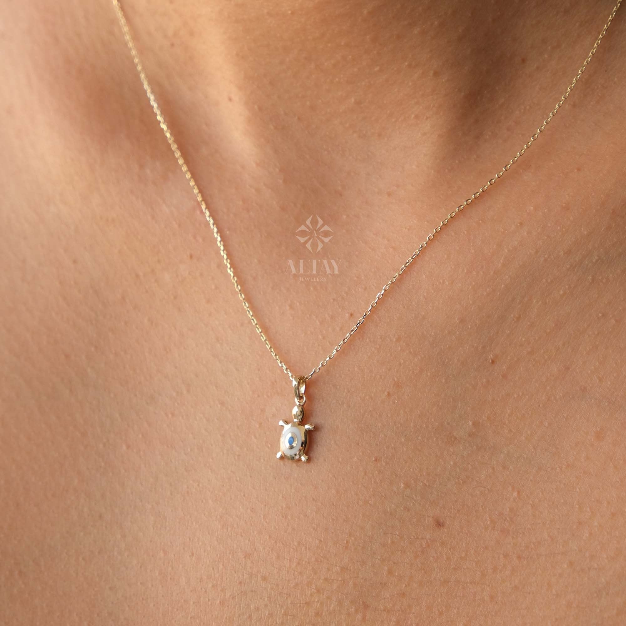 14K Gold Turtle Necklace, Tortoise Pendant, Turquoise Caretta Caretta Charm, Gold Cable Chain Chain Choker, Layering Sea Turtle Necklace